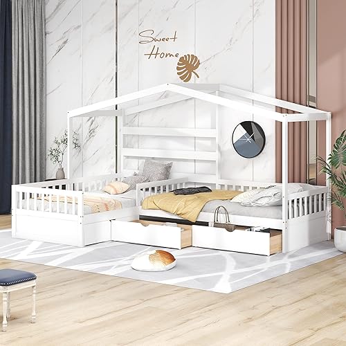Miniatura 126 de MERITLINE Cama individual para niños, cama individual de madera para niños, cama Montessori con techo y ventana, cama de piso para niños pequeños,
