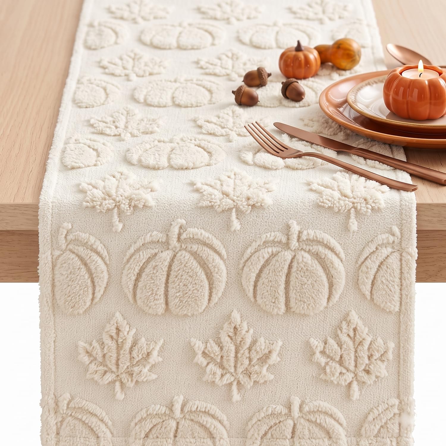 Autumn Table Runner Beige Pumpkin Maple Leaf 33 x 183 cm