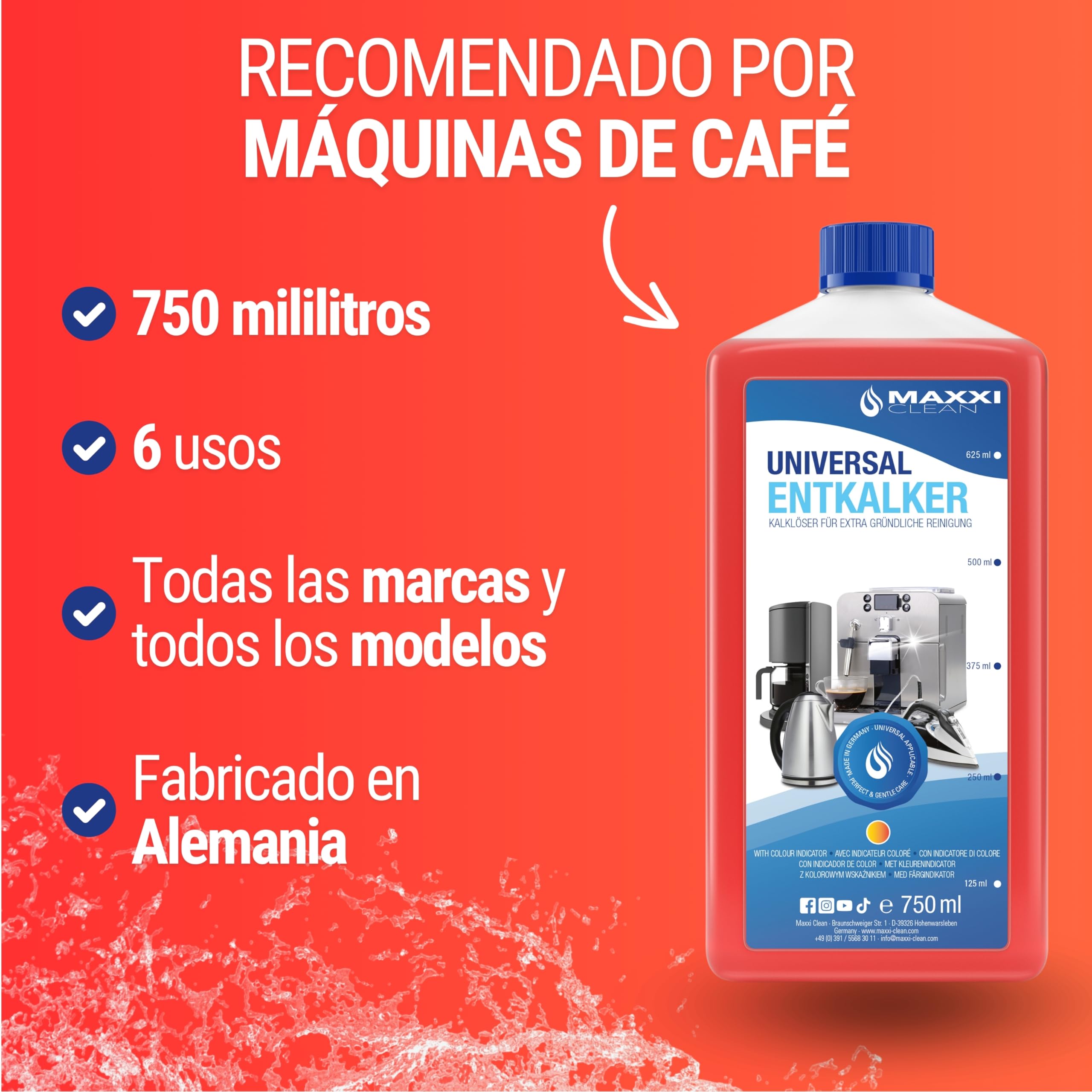 Maxxi Clean | 1x 750 ml Descalcificador Universal para todas las Cafeteras, Hervidores de Agua, otros Electrodomésticos y Baño & Cocina | Apto para todas las Marcas y Modelos | Removedor de Cal