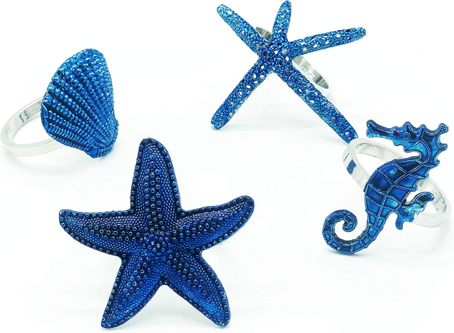 Fennco Styles Coastal Sea Creatures Metal Napkin Rings, Set of 4 - Blue Nautical Napkin Holders for Home Décor, Dining Table, Banquets, Family Gathering and Special Occasions (Gold Ring)
