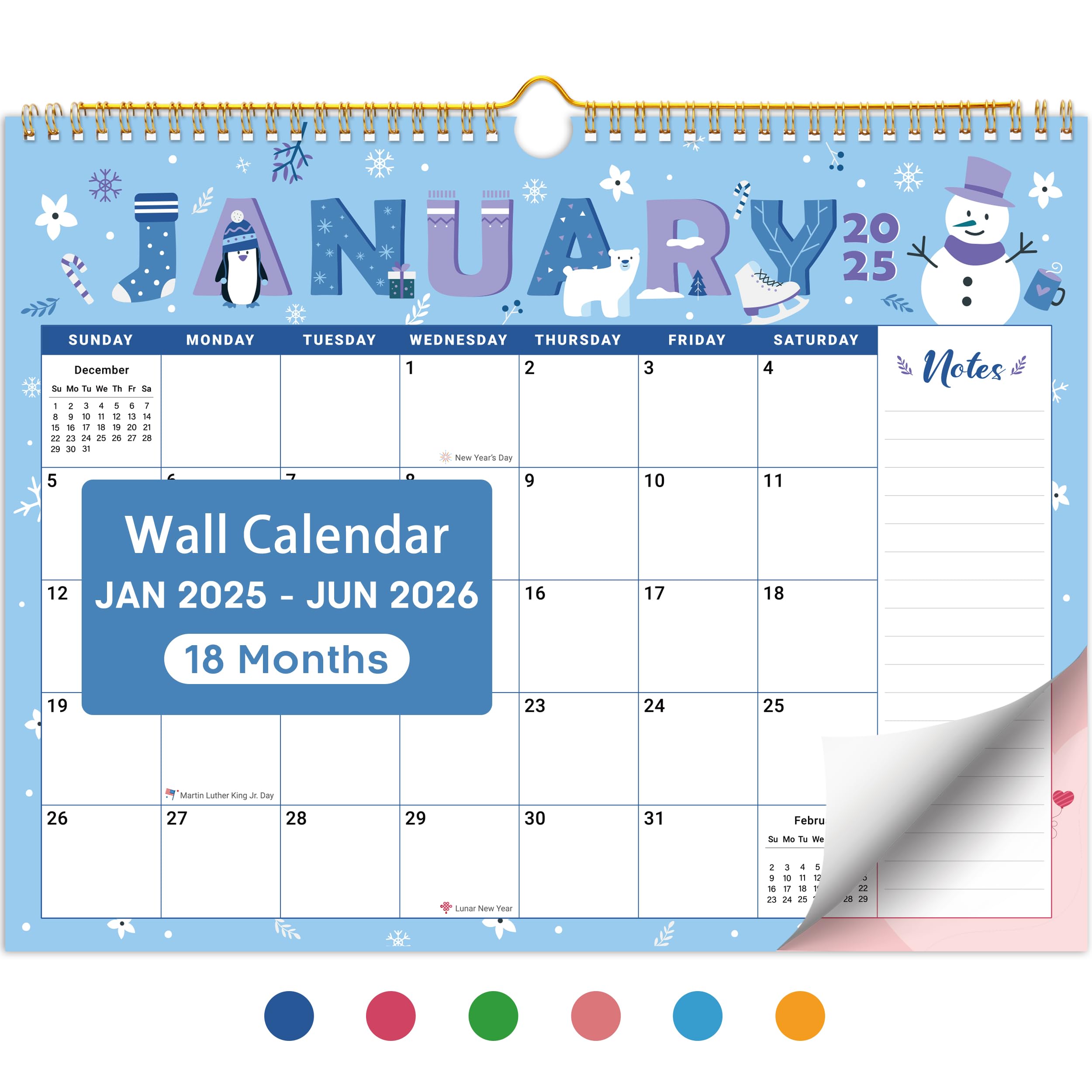 Taja 2025 Wall Calendar, 18 Monthly Wall Calendar from January 2025 - June 2026, 11.5" x 14.7", Twin-Wire Binding, Large Hanging Calendar with Thick Paper for Home & Office, Seasonal