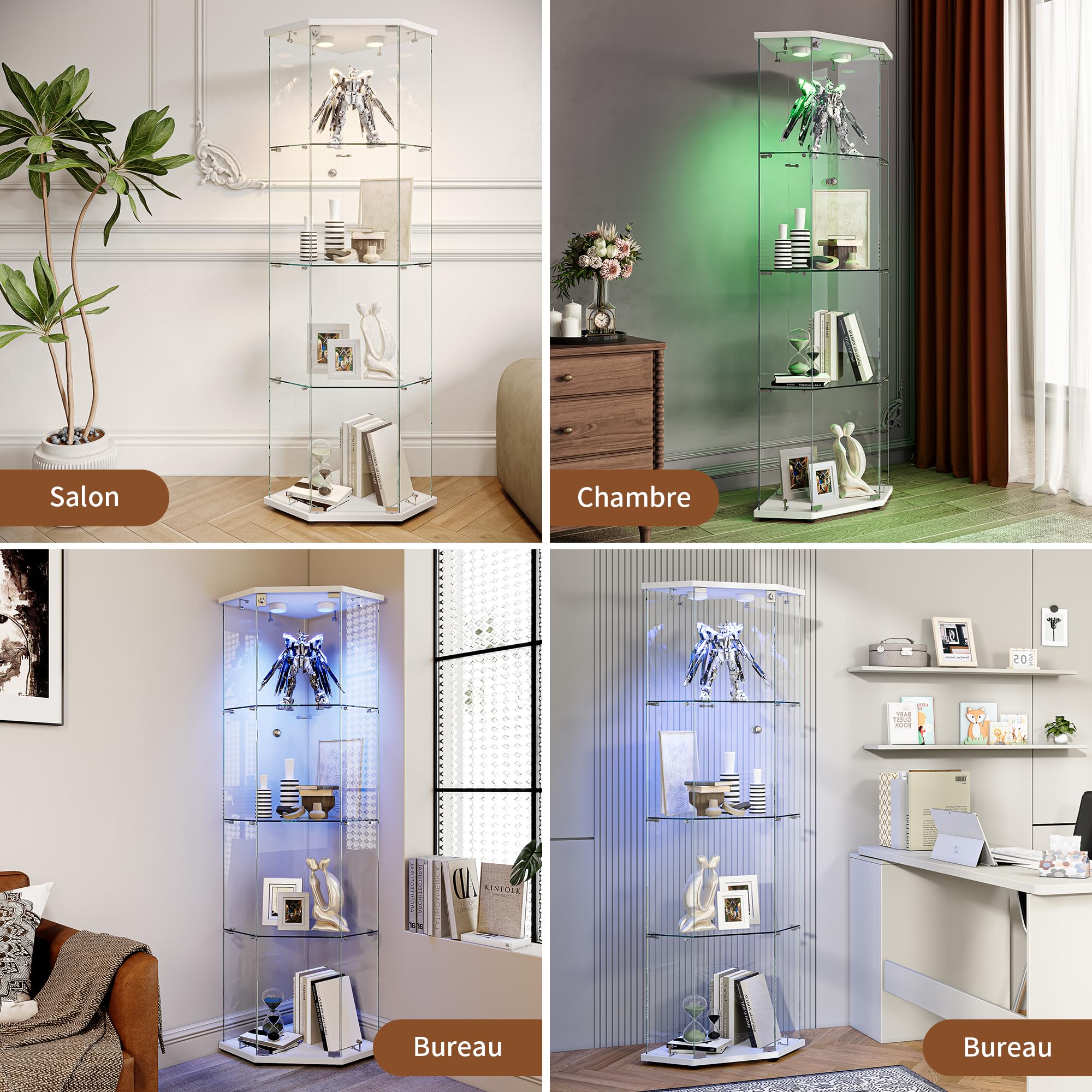 Vitrina de Cristal led, 162x60x40 cm vitrina Expositora de Vidrio con Cerradura LED y Puerta 4 Estantes VitrinaExpositora de Esquina Vitrina Transparente Grande vitrina de Colección para Salón Bar