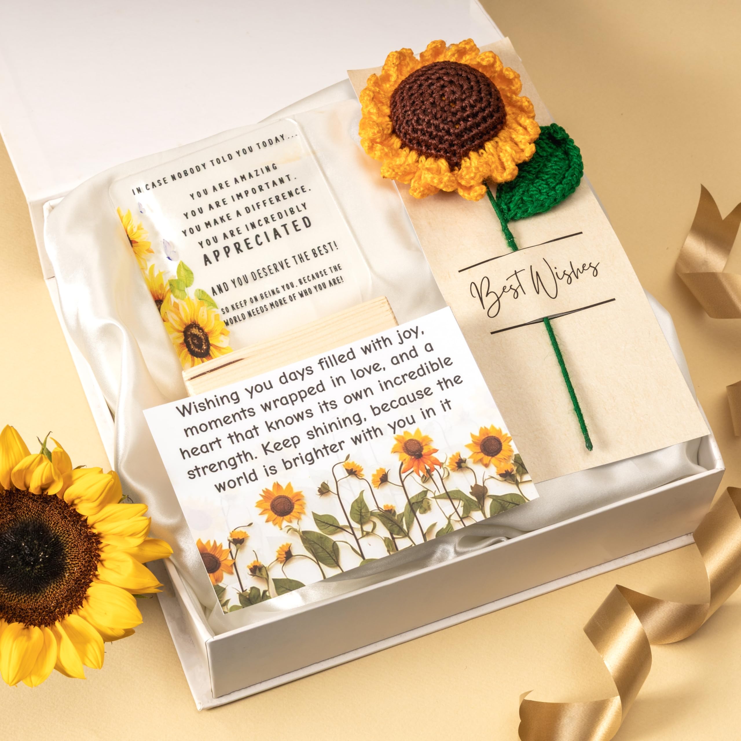 Rarejoy Gift Set for Women | Handmade Crochet Sunflower, Inspirational message on Acrylic along with wooden Desk plaque & a greeting card | Farewell Gift set for Women | Ideal for Birthday, Valentine, Anniversary, Rakshabandhan, Women's Day and Corporate Gifting