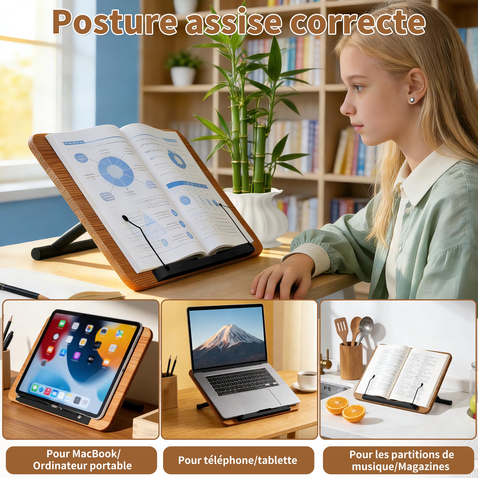 Support de Livre Réglable en Hauteur de 50 à 130CM pour Sol et Bureau, Support de Livre pour Lecture, Ordinateur Portable, Tablette, Recettes, Partitions (Noir)