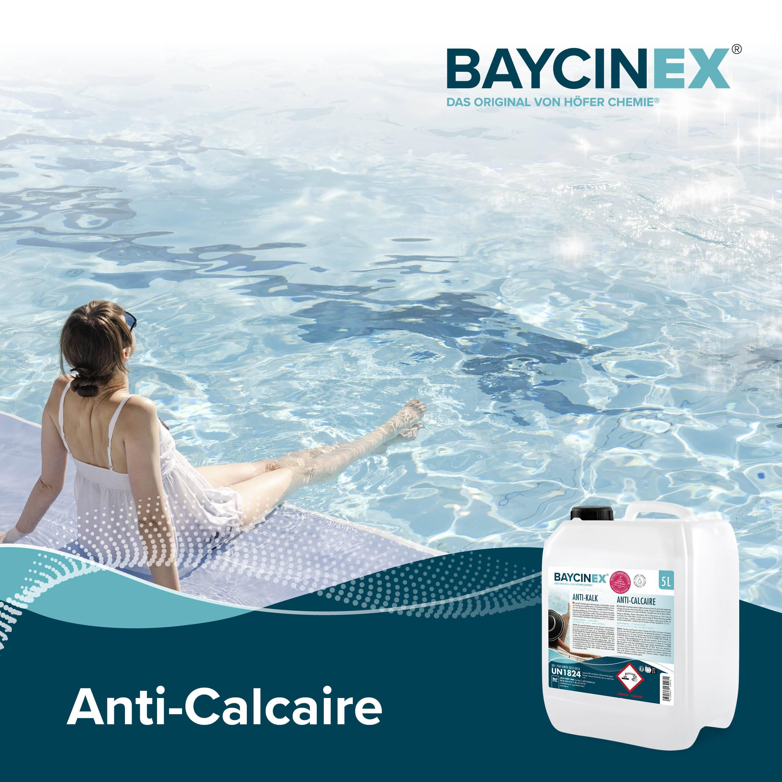 BAYCINEX® Anti-Calcaire Piscine 1 x 5 L – Détartrant Liquide – Élimine Dépôts Calcaires Fond, Parois & Équipements – Utilisable Bassin Rempli – Compatible Tous Filtres – 300 ml/10 m³