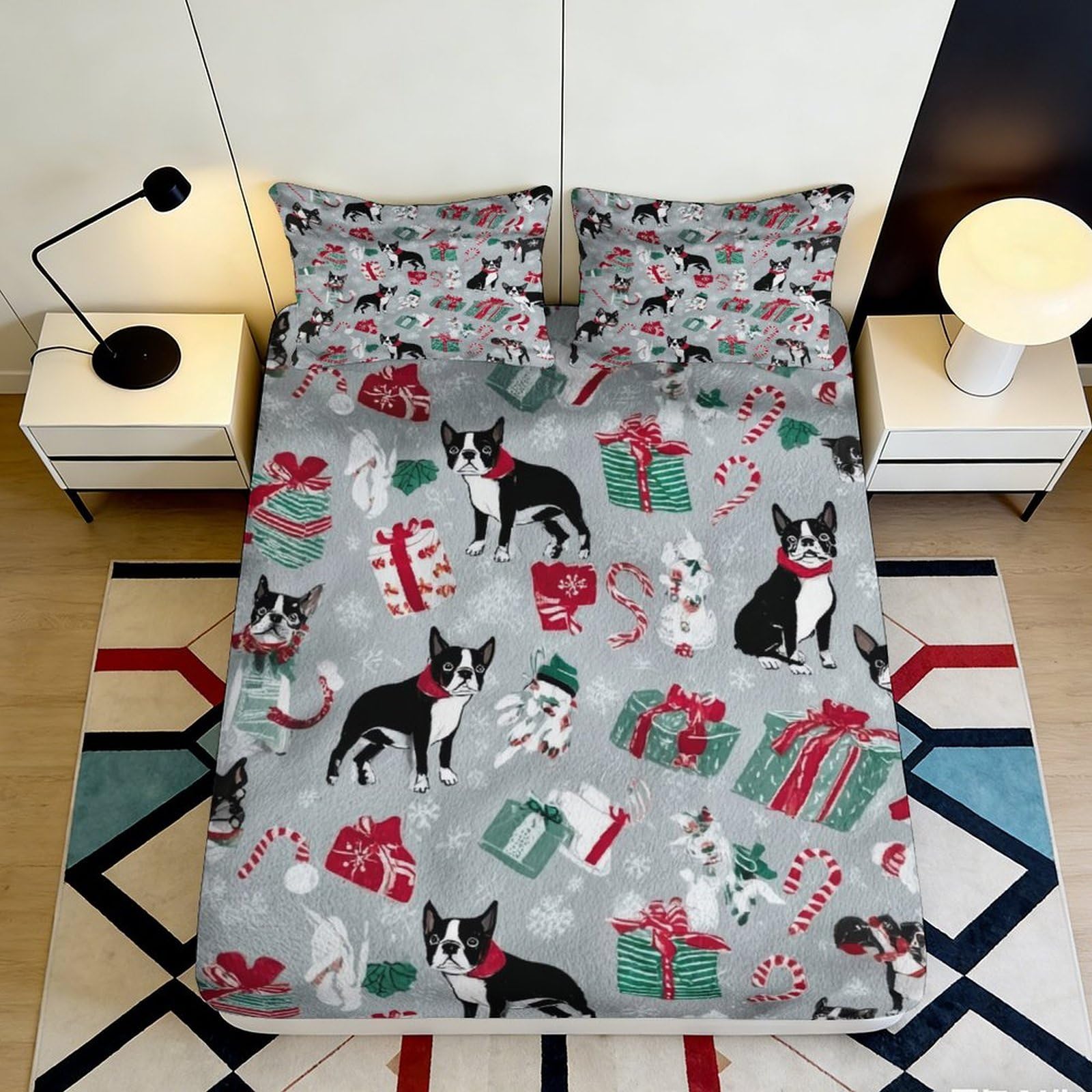 3D Printed Boston Terrier Dog Pattern Fitted Sheet Microfiber Soft Durable Mattress Cover for Bedroom Dormitory Guest Room Protection 160x200x25cm