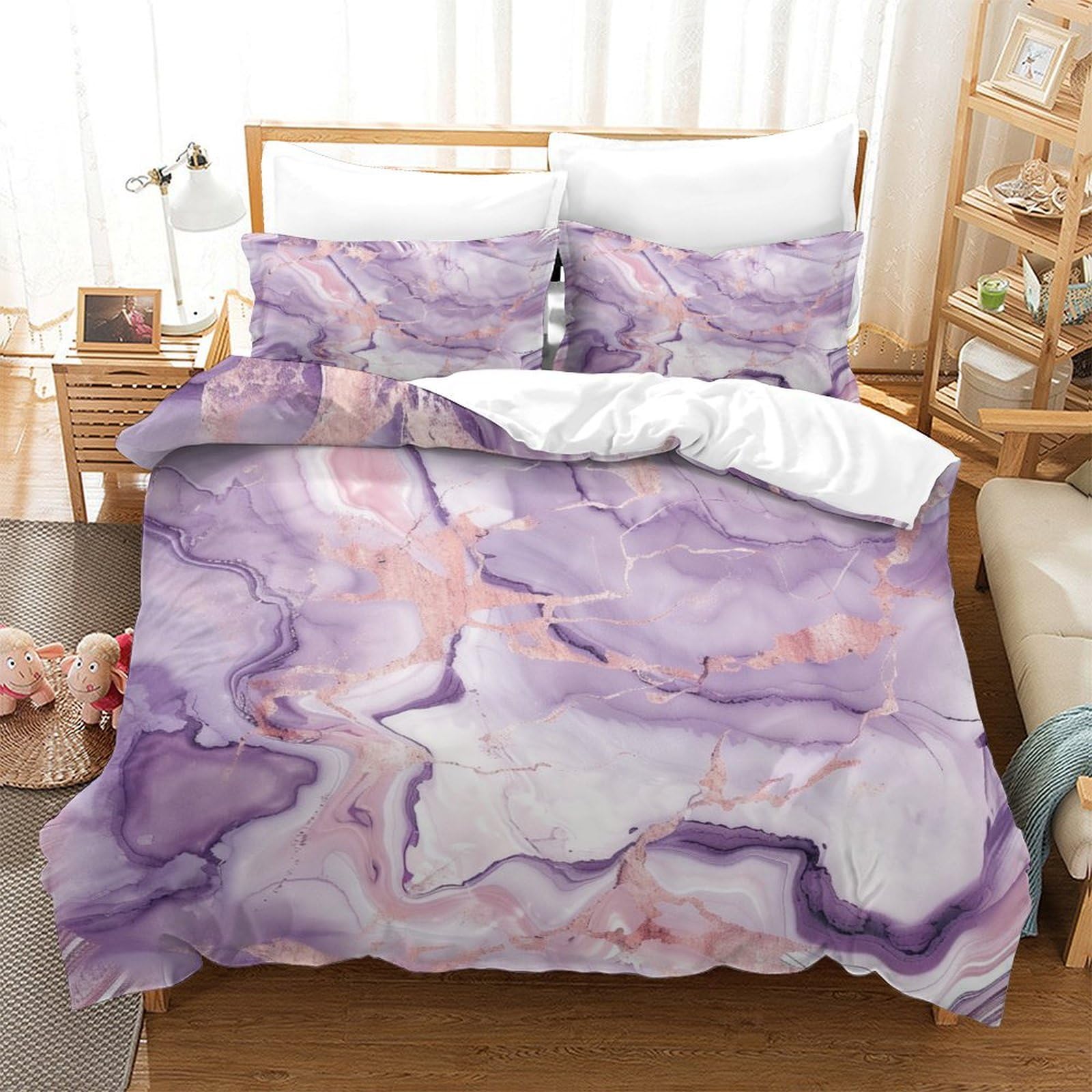 P1S9U7W5Y Marble Pattern 3D Printed Purple Duvet Cover Set 3pcs Microfiber Marble Bedding Set Single（140x200cm）