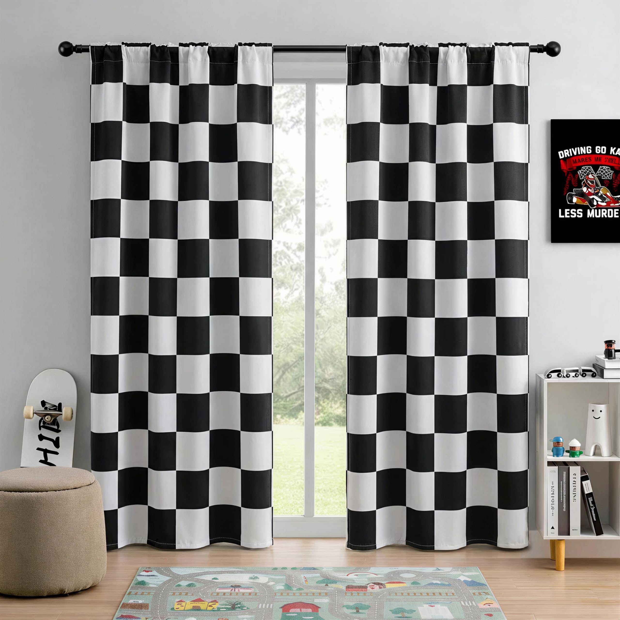 BOHOMOCASA Rod Pocket & Back Tab Checkered Curtains, 100% Blackout, Race car Flag Checkerboard Curtains, Thermal Insulated, Noise Reducing, 2 Panels, Each W42รL84 โ image 1