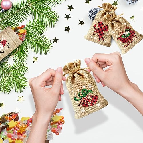 Miniatura 4 de KIMOBER 36 bolsas de regalo de arpillera de Navidad, bolsa de lino de yute para dulces con doble cordón para recuerdos de fiesta de Navidad