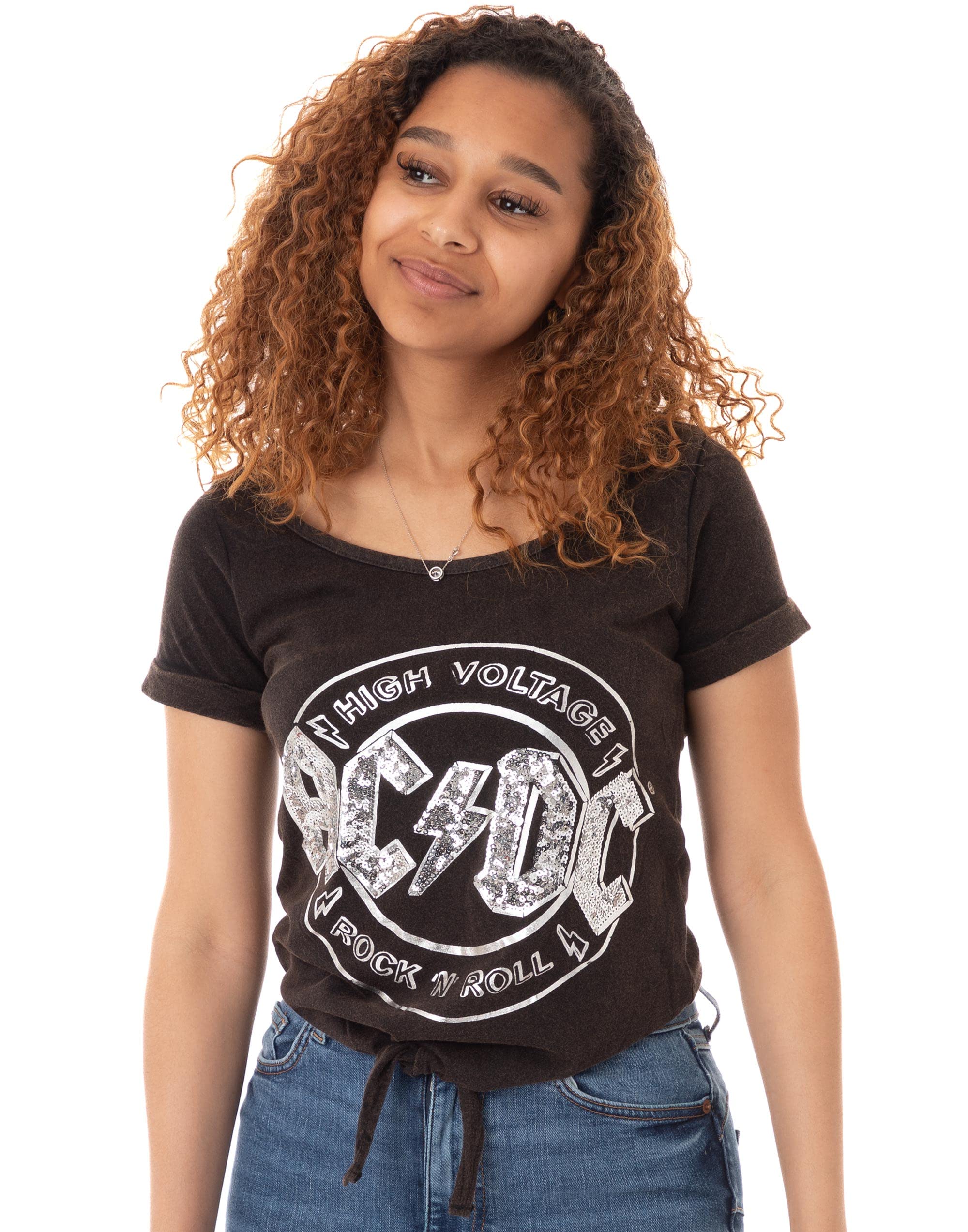AC/DC Comics High Voltage Sequin Acid Wash Women's Tie Front T-Shirt Black