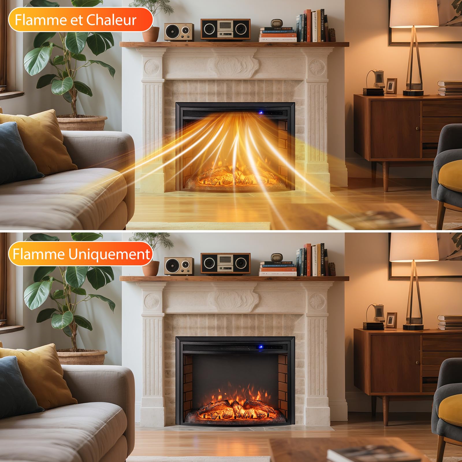 COSTWAY Cheminée Électrique Murale Encastrable Courbé, Cheminée Chauffage 17°C à 28°C 750W/1500W avec Télécommande, Protection Contre Surchauffe Minuterie 6H 3 Couleurs 6 Luminosité de Flammes