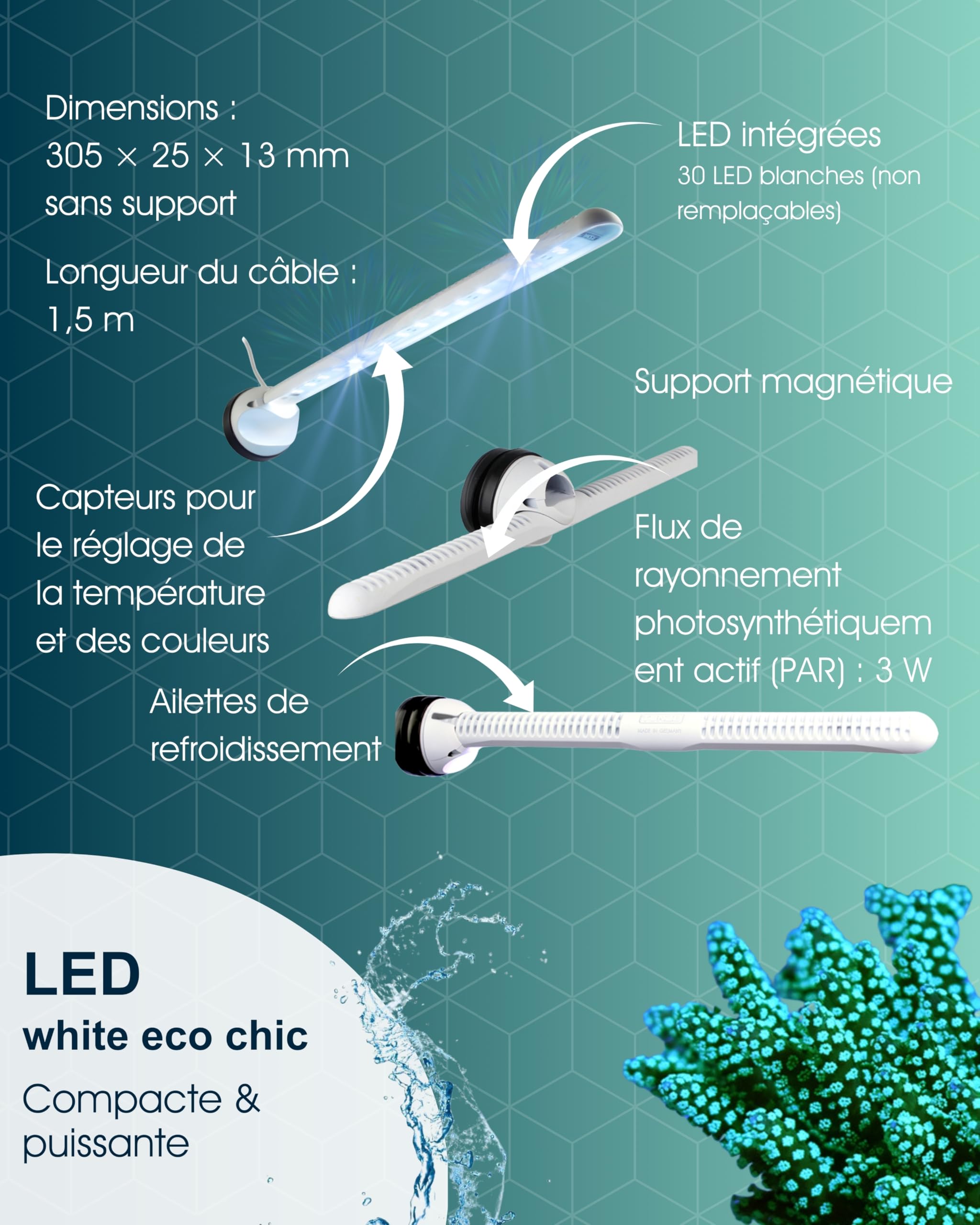 Tunze LED white eco chic I LED-Leuchte für Korallenwachstum I Aquarienleuchte für Süß- & Meerwasseraquarien I inkl. Magnet Holder I Optimal als Unterwasser Pflanzenlicht & Beleuchtung für Becken