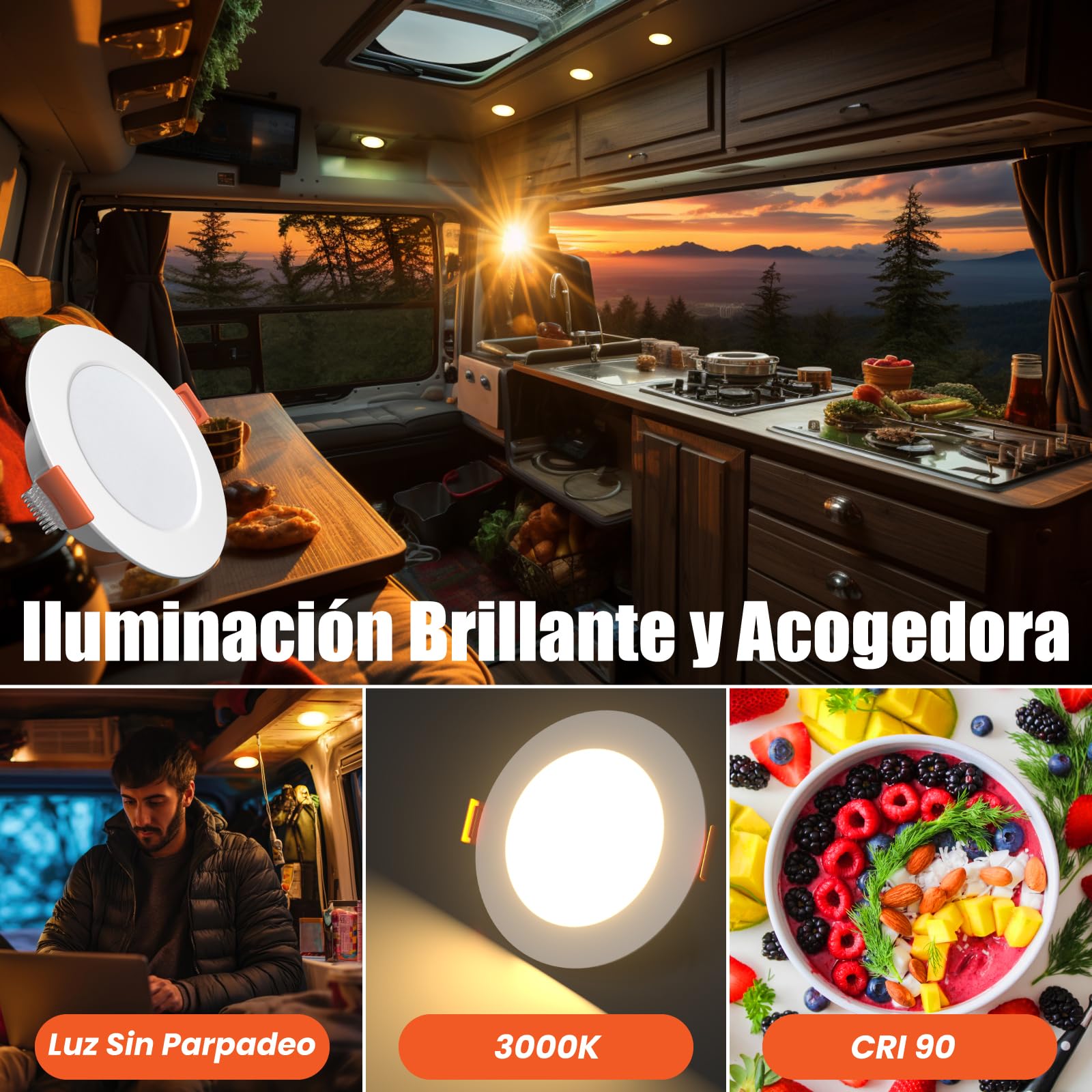 LED 12V Downlight Interior Regulable 3W para Techo de Campervan, Coche, Autocaravana, Caravana, Barco - Blanco Calido 3000K IP44 Empotrable