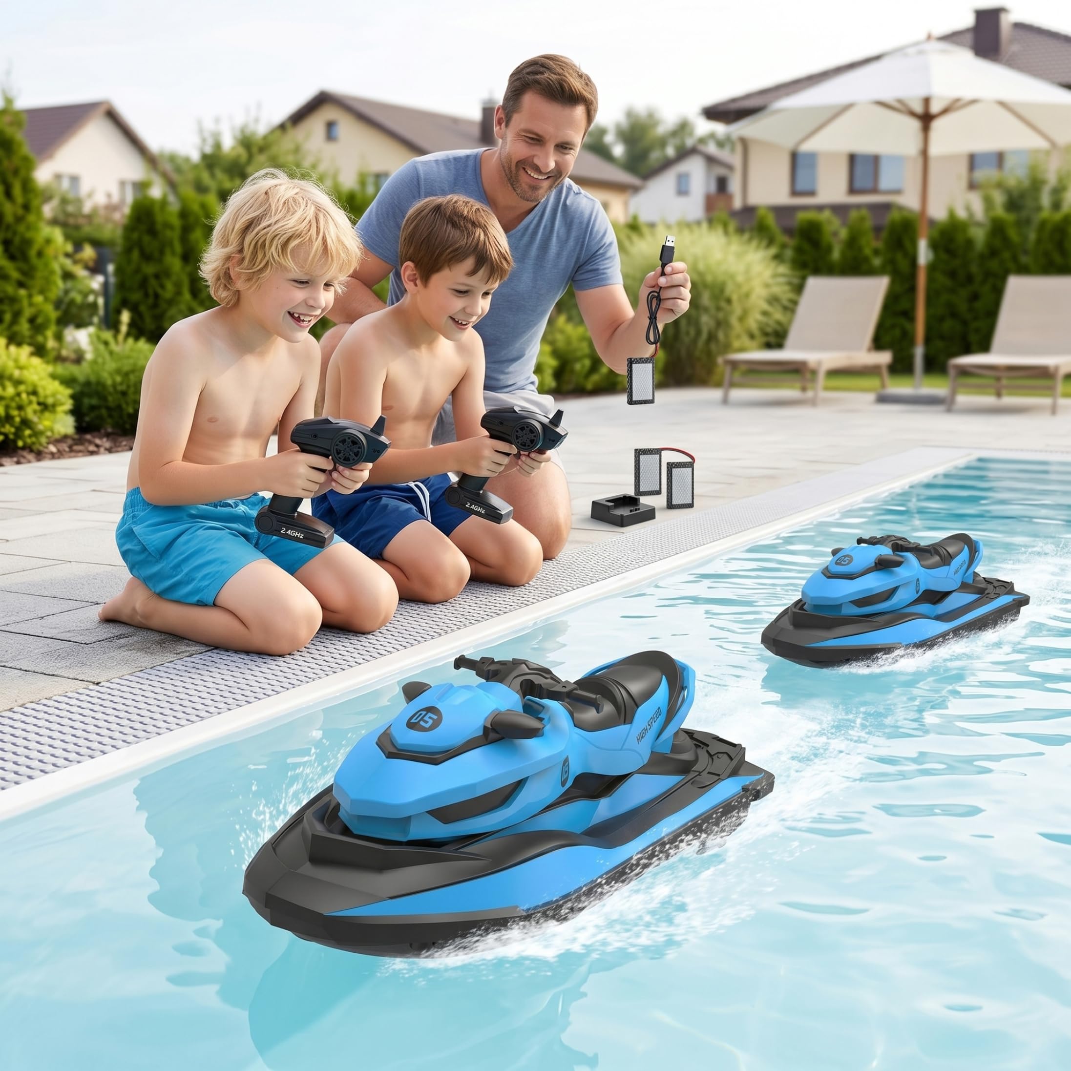 Barca telecomandata ad alta velocità per bambini con 2 batterie, con figura – Barca telecomandata impermeabile da 2, 4 GHz per bambini, Blu cielo