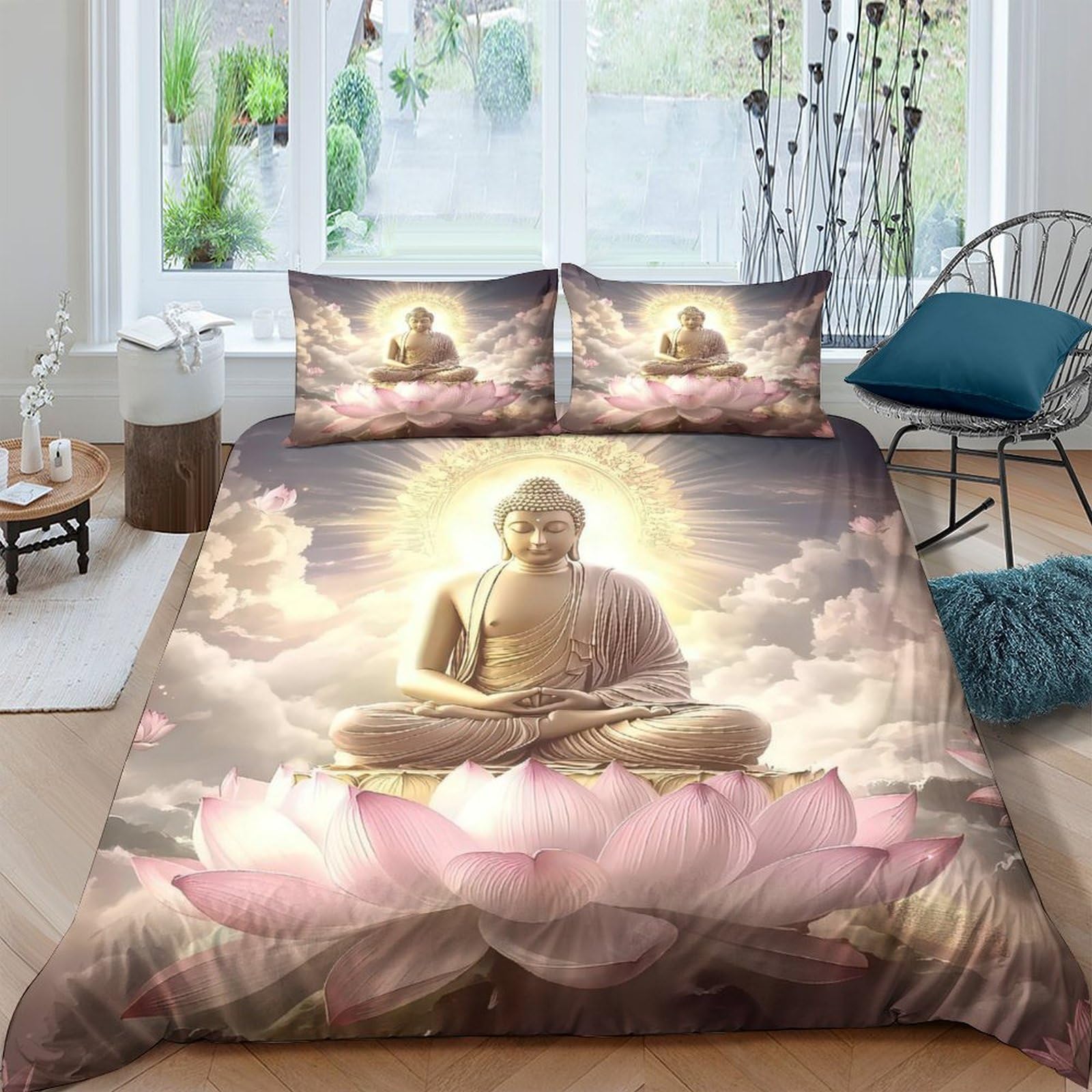 TUFRTGYHN 3D Printed Buddha Lotus Duvet Cover Set Microfiber Soft Breathable Spiritual Meditation Bedding with 2 Pillowcases for Bedroom Decor Single（135x200cm）