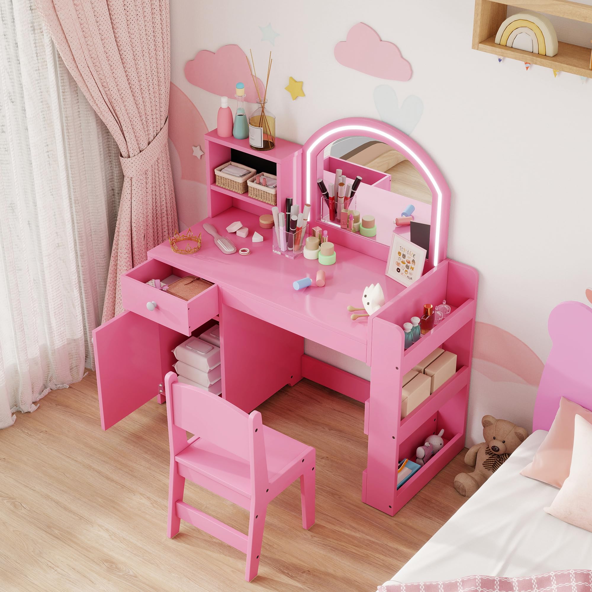 AIYAPLAY Set Toeletta Trucco per Bambini 3-8 Anni 2 in 1 con Specchio Illuminato e Sedia, Postazione Trucco in Legno con Luce LED a 2 Colori, Armadietto, Scaffali e Libreria, Rosa