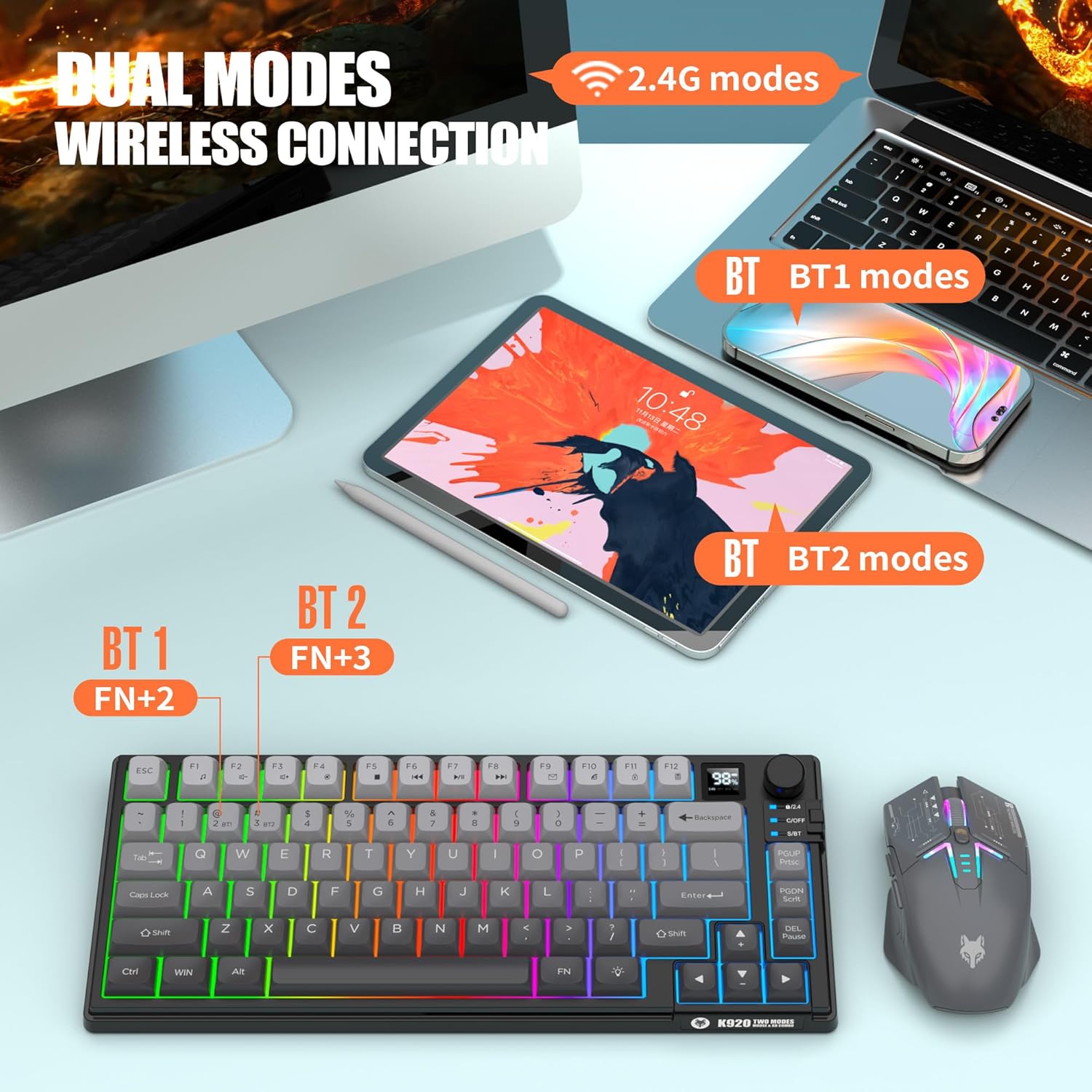 75% Wireless Gaming Keyboard and Mouse Combination, with Rechargeable Battery, Glowing Mechanical Feel Keyboard, Ergonomic RGB Optical Mouse, for Gaming/Business (Polar Day)