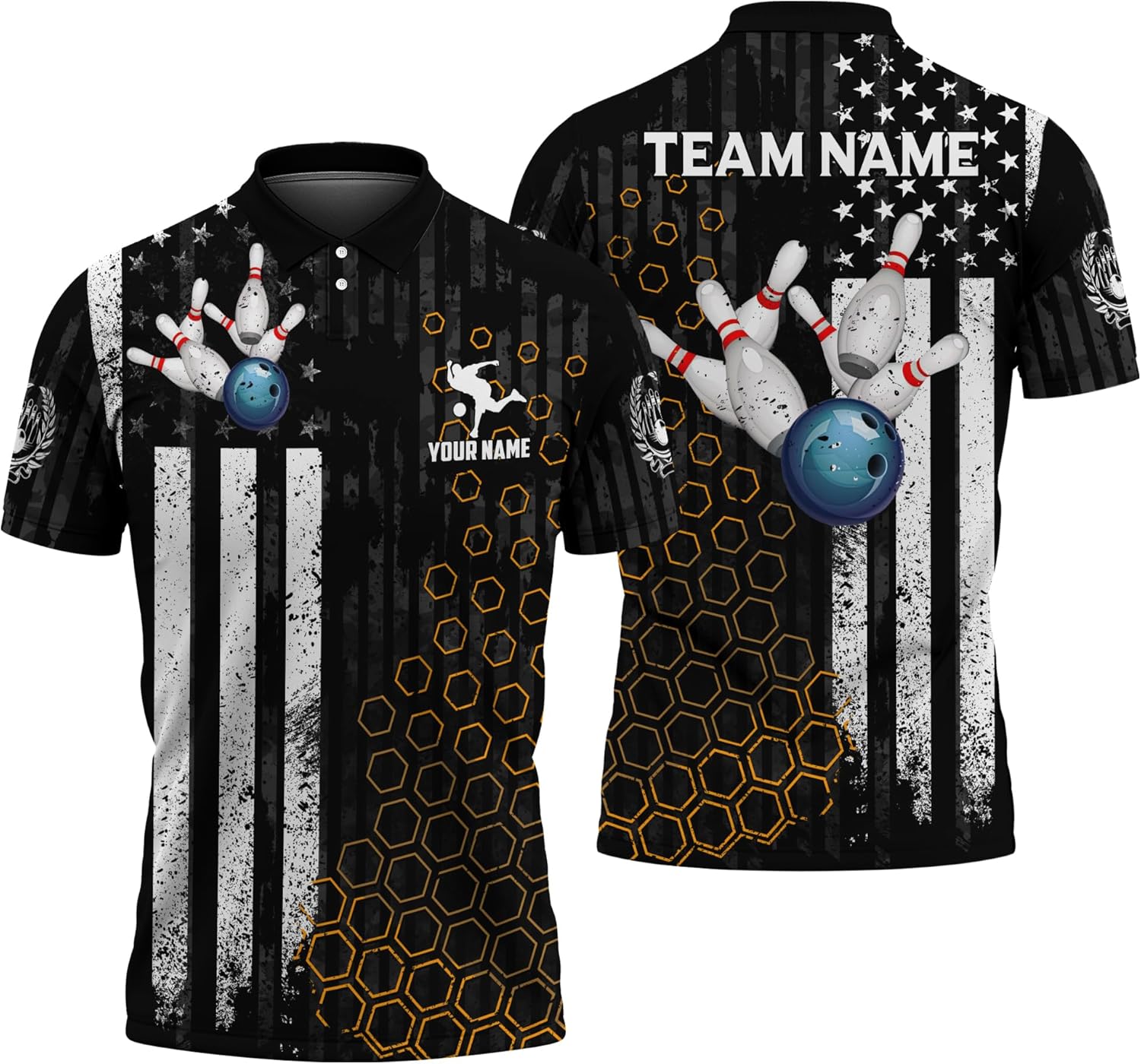 Mens Womens Bowling Themed Golf Shirt Personalized Black USA Bowling Pin Short Sleeve T-Shirt for Dad 3D Bowling Theme Outfit