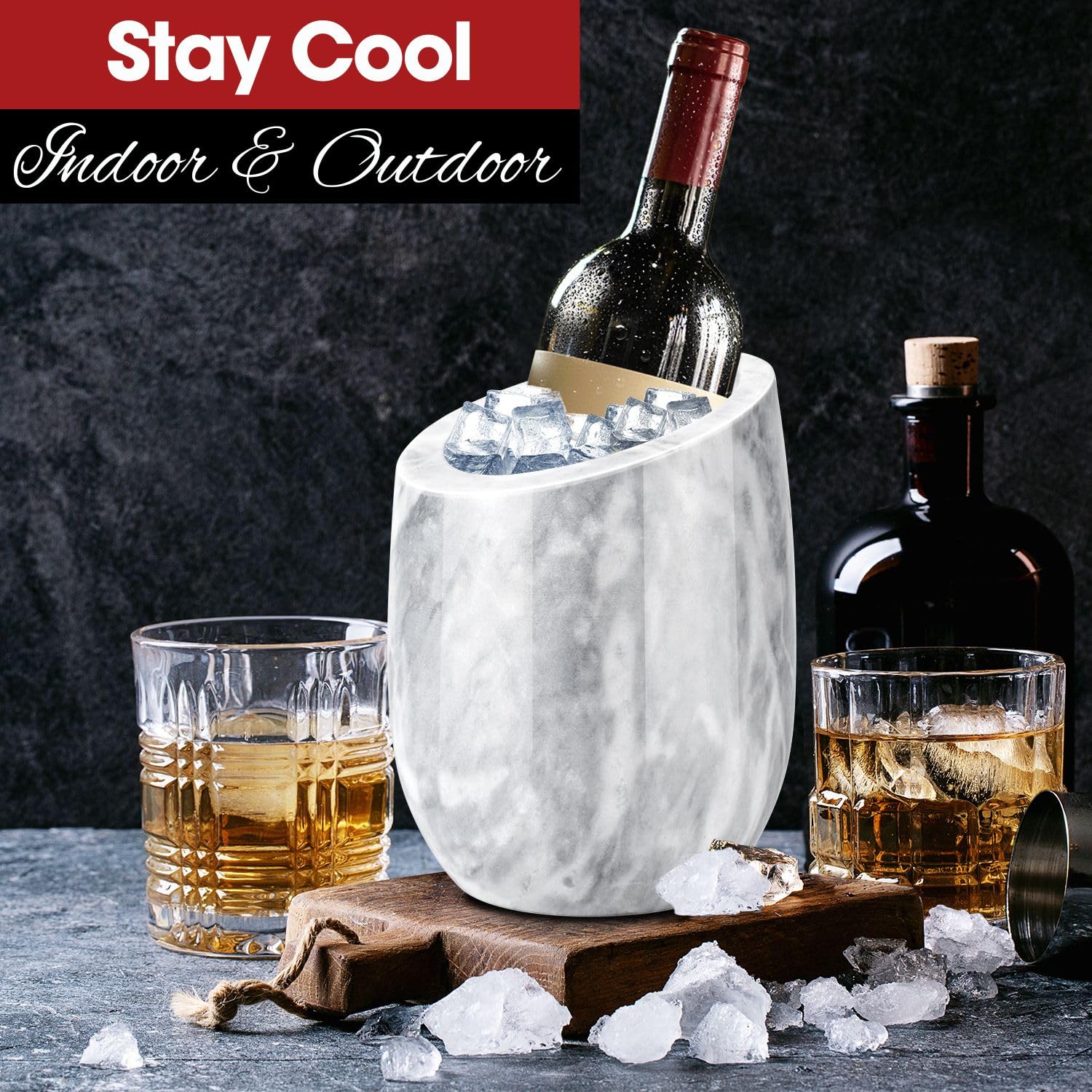 Flexzion Cubo enfriador de vino de mármol, enfriador de champán, enfriadores de vino para botellas y soporte multiusos para utensilios de cocina, enfriador de botellas de vino de piedra adaptable de