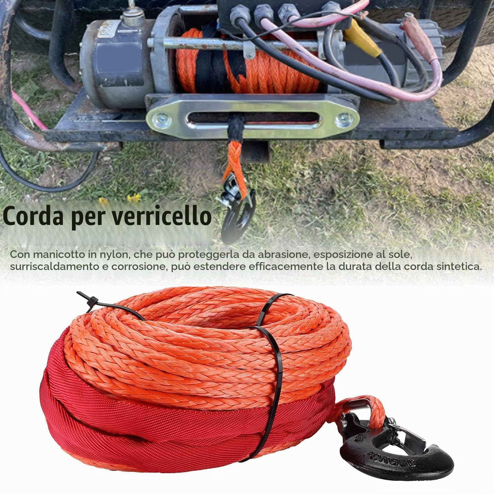 Longzhuo Corda Sintetica 3/8 Pollici x 30m 23000 Libbre per 4WD, ATV, UTV, SUV, Camion, Barche