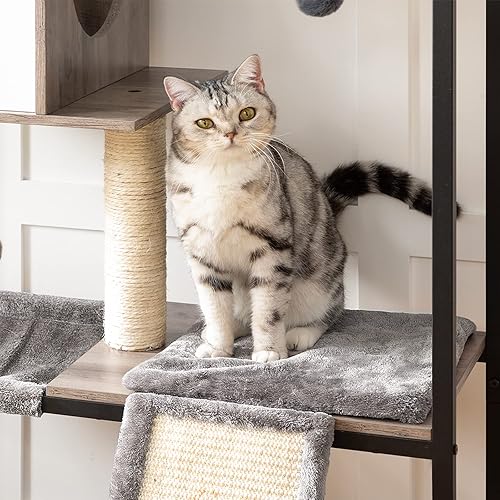 Miniatura 9 de HOOBRO Árbol de madera para gatos, torre versátil para gatos con poste rascador, hamaca para gatos y cuencos de comida, casa para mascotas de 4