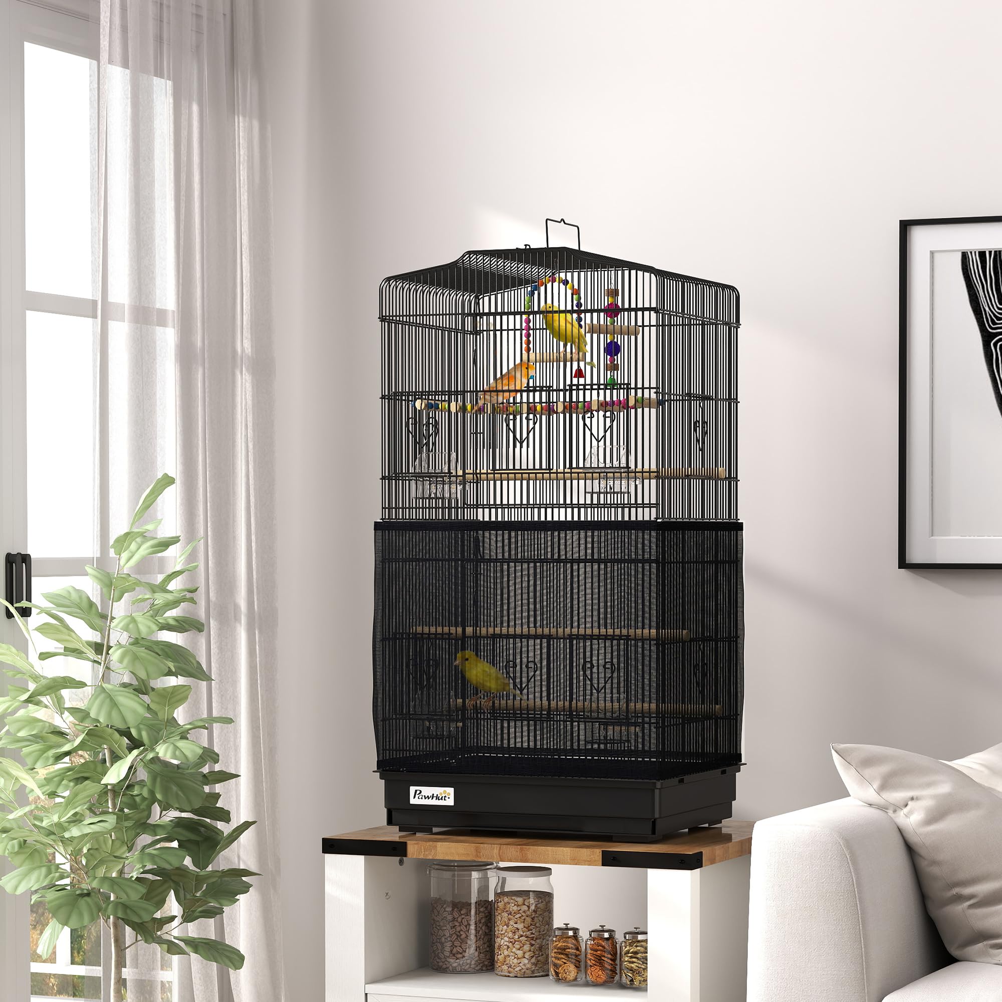 PawHut Gabbia per Uccelli con Maniglia, Vassoio Estraibile e Porte, Voliera per Pappagallini con Posatoi in Legno, Altalena e Ciotole per Cibo, 46.5x35.5x92cm, Nero