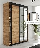 KIER FURNITURE Szafa przesuwna LAMARO z lustrem – szafa do sypialni – sypialnia – sypialnia – Wardrobe Bedroom – szafy na ubrania – szafa na ubrania dąb Craft Gold – 138 x 205 x 59