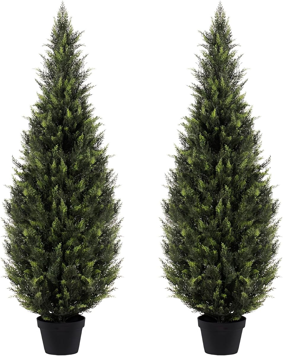 Árboles artificiales de cedro topiario de 6 pies (paquete de 2) – Arbustos de hoja perenne sintéticos resistentes a los rayos UV, follaje extra denso, plantas realistas de ciprés de pino falso, fácil montaje para decoración de interiores y oficinas, porche frontal, jardín