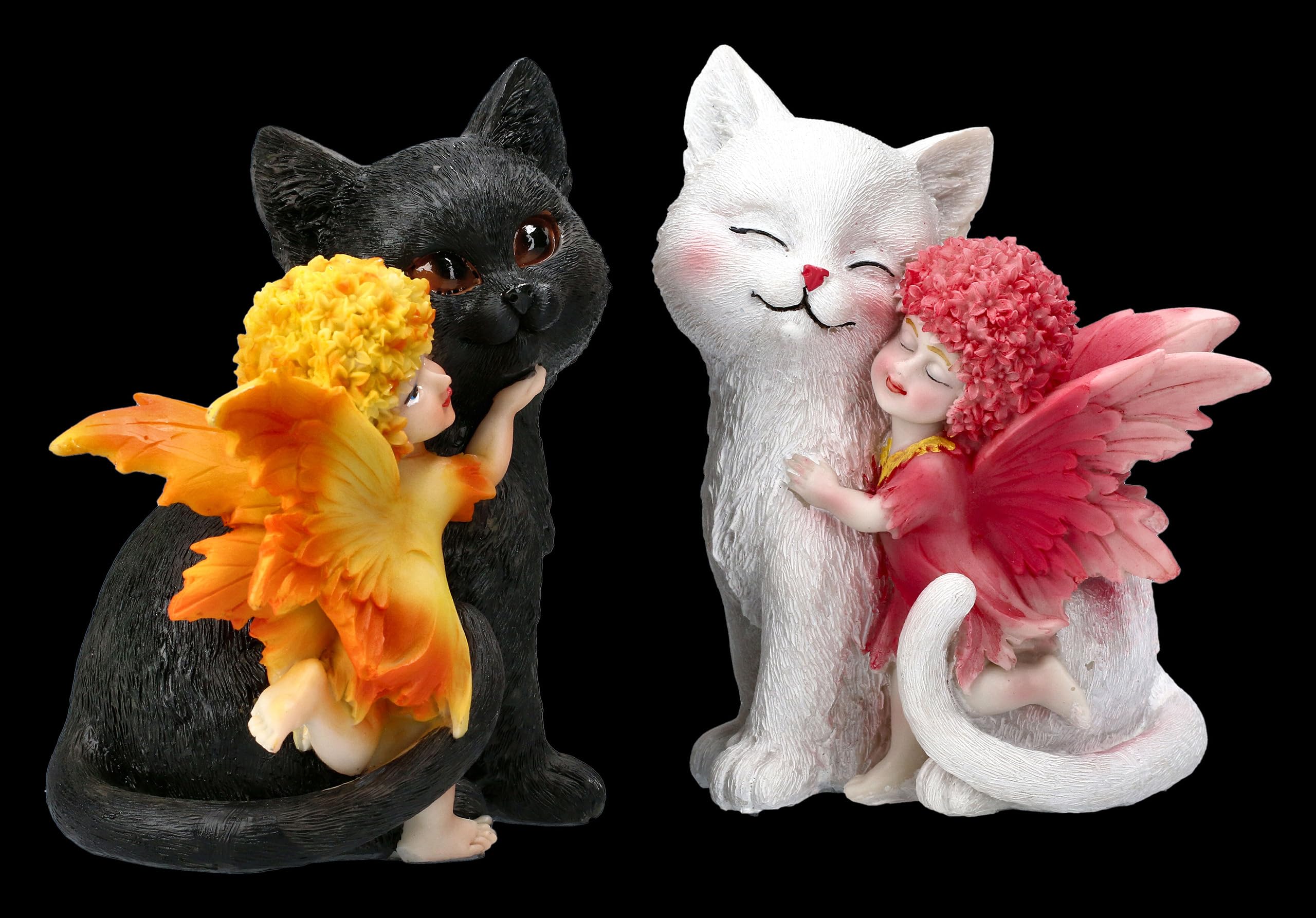Figuren Shop Figuras de hadas y gatos de flores, juego de 2 unidades, 14 cm, poliresina pintada a mano, gato blanco con elfo rosa, gato negro con hada naranja