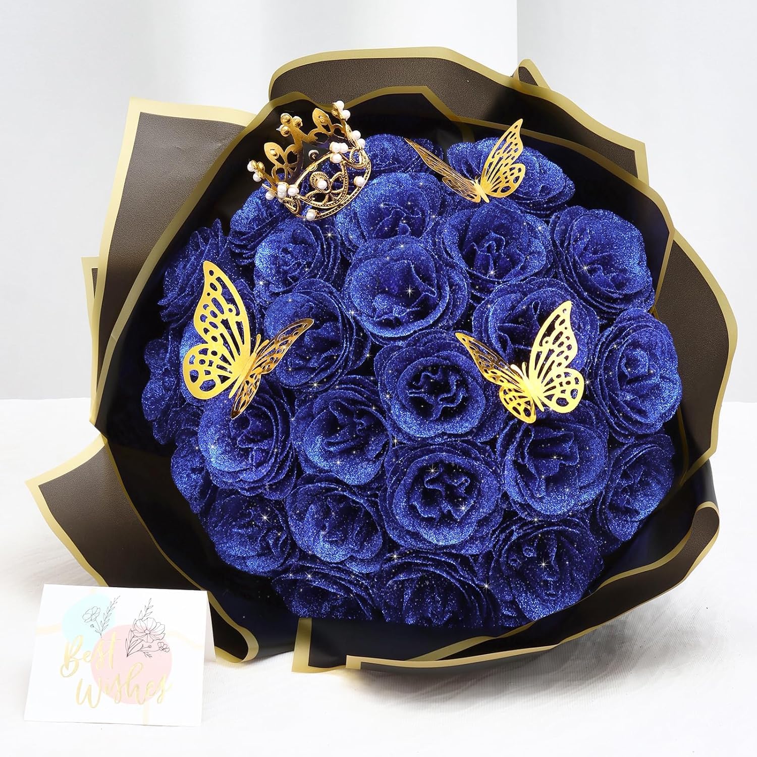 Dremisland 26 PCS Glitter Roses Bouquet DIY Artificial Rose Flowers Bouquet Fake Glitter Blue Bouquets with Crown Sparkly Rose for Mom Birthday Valentine's Day Anniversary Wedding