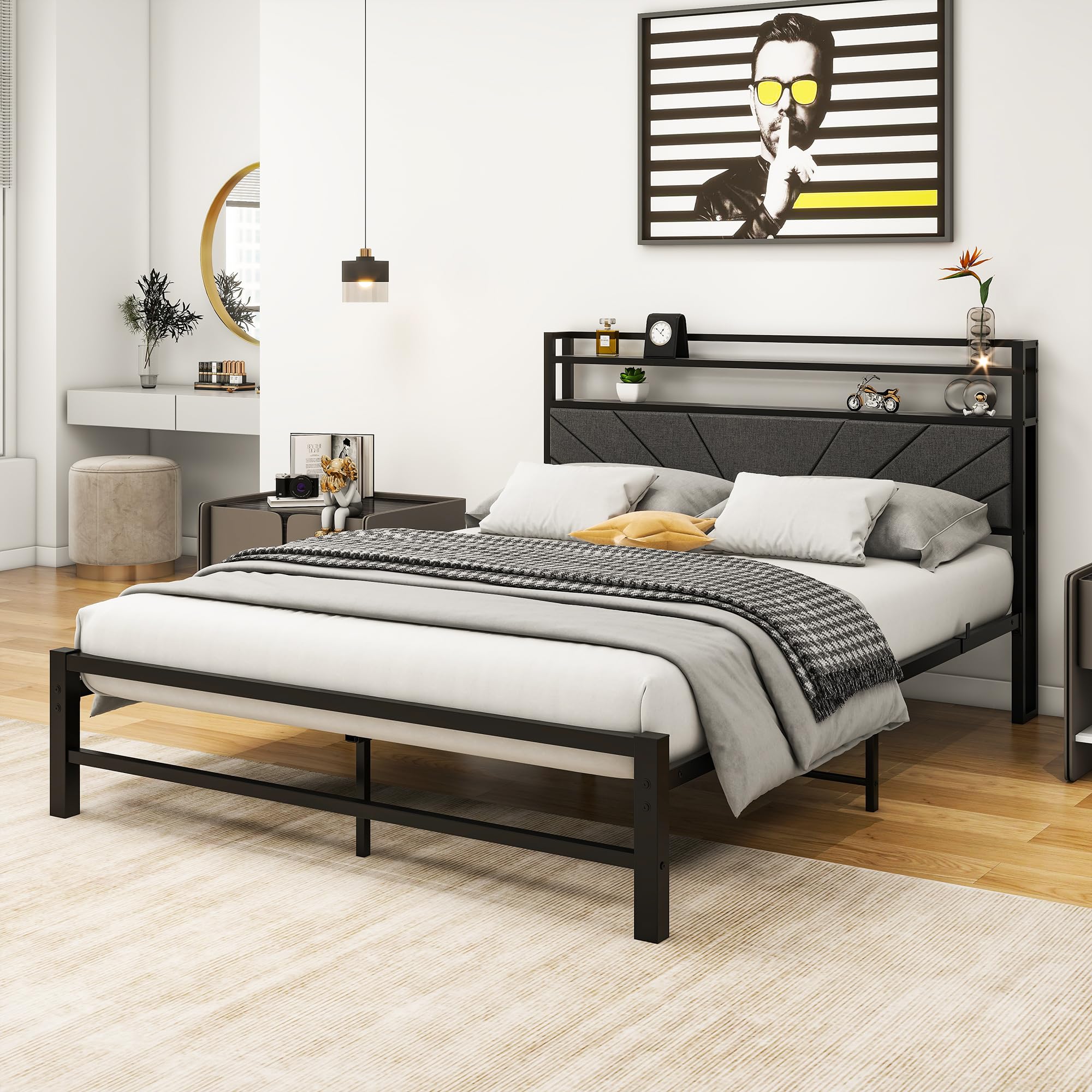 Polsterbett 140 x 200 cm Bettgestell Einzelbett Doppelbett Designbett mit Lattenrost Starke Stahllattenhalterung, Bettrahmen 140x200, Gepolstertes Bettgestell Jugendbett
