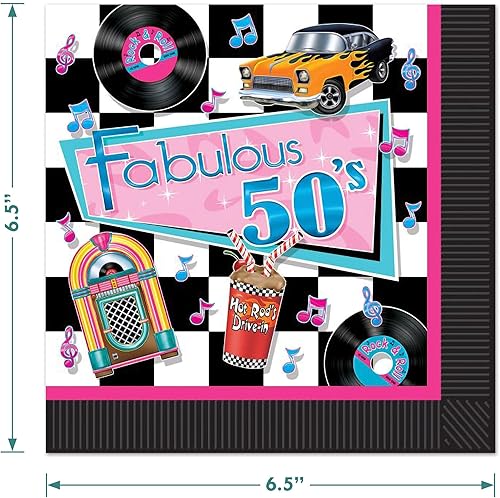 Miniatura 4 de HOME & HOOPLA Suministros para fiestas de los años 50, fabulosos platos de papel de los años cincuenta y servilletas de almuerzo (16 platos y