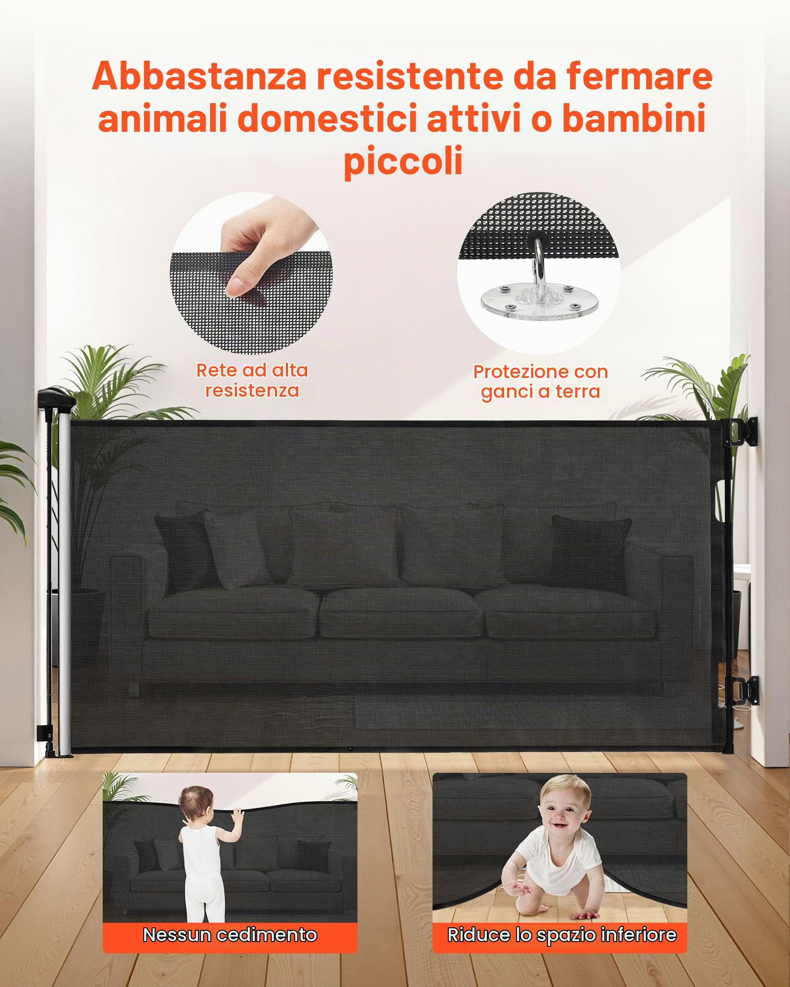 VEVOR Cancelletto Retrattile, Estensibile Fino a 1850 mm di Larghezza, 795 mm di Altezza, con Blocco di Sicurezza, Attraversabile Senza Inciampare, Cancelletto in Rete per Cani Scale, Nero