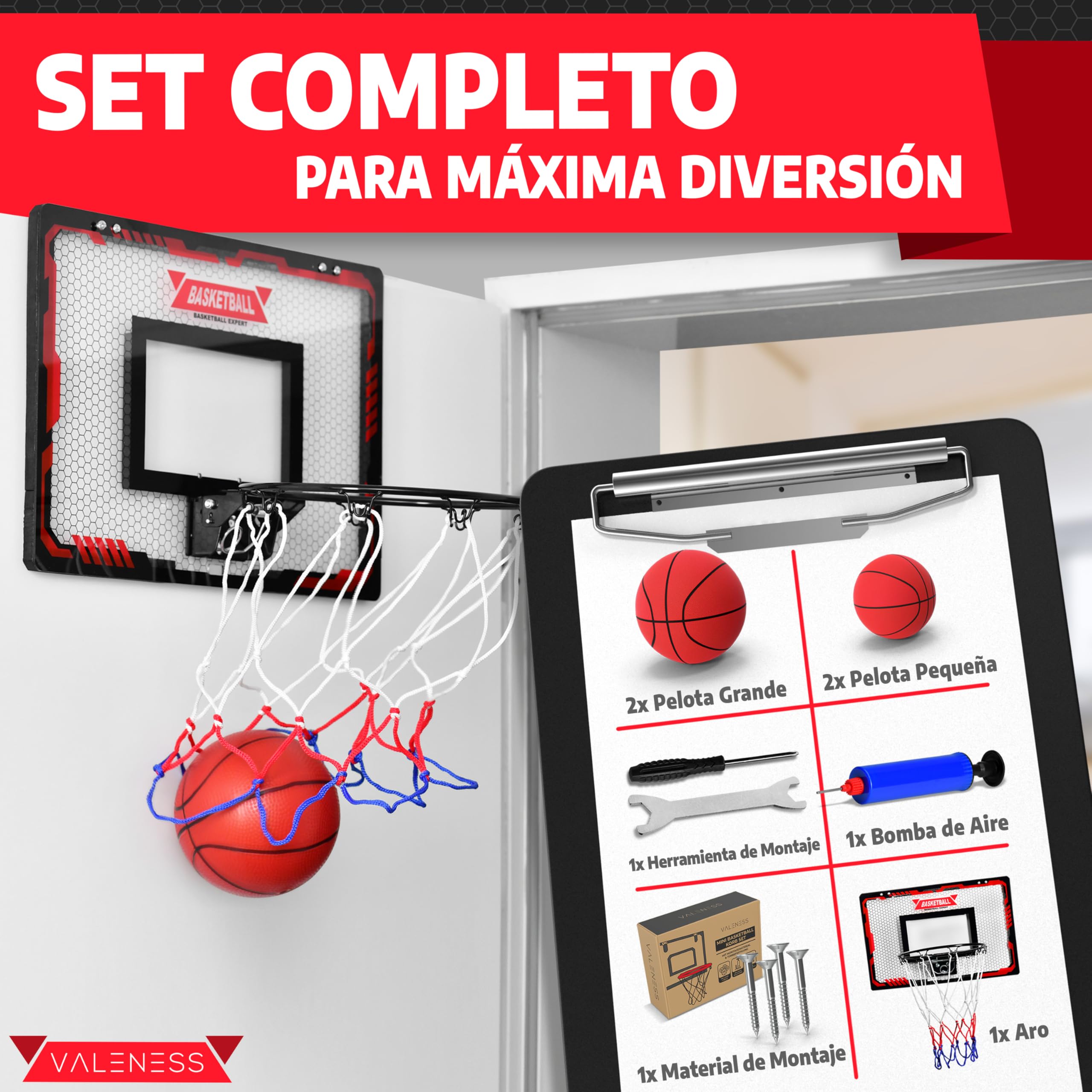 Mini Canasta de Baloncesto Interior [para Puerta & Pared] - Aro de Baloncesto Pequeño con Función de Mate, 4 Pelotas, Bomba & Accesorios de Montaje - para Niños y Adultos