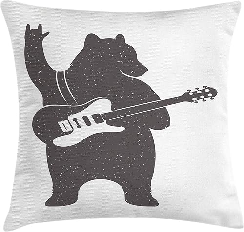 Ambesonne - Funda de cojín con diseño de oso con guitarra y gesto de mano, diseño retro de rock n' roll