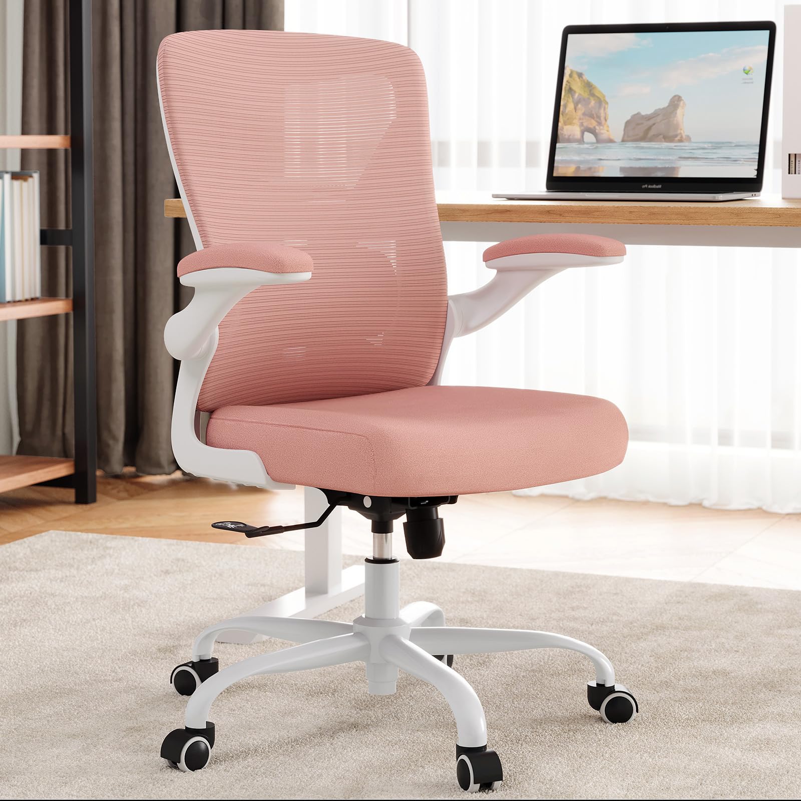 office chair ergonomic desk chair comfy: 330lbs mesh computer chair ergonomic gaming chairs with wheels adjustable lumbar support and flip up armrest-swivel executive chairs long hours(light pink)