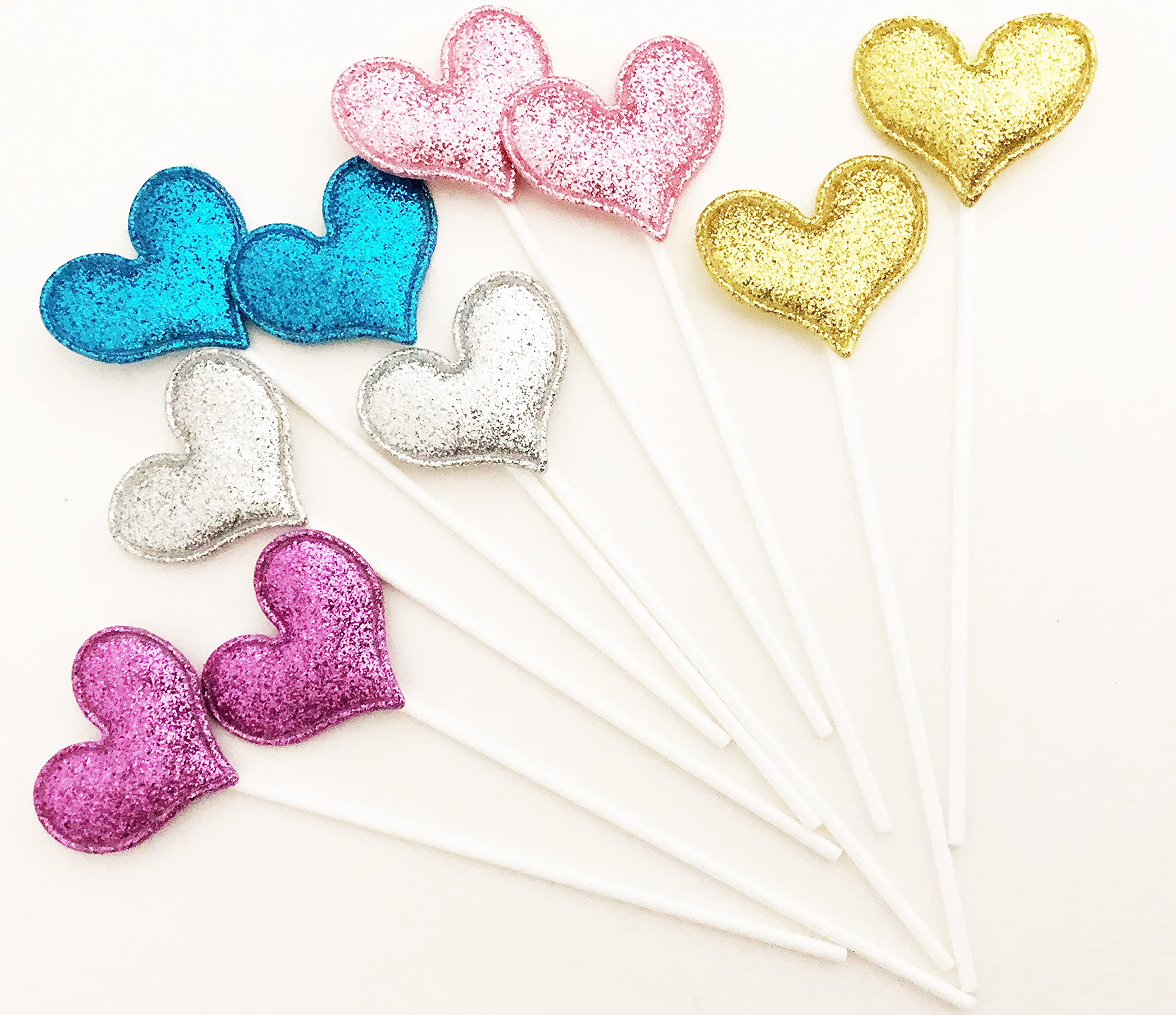 Handmade 10 Counts Matte Glitter Cake Decorating Toppers for cake cupcake and icecream - 10 Multicolor Hearts Matte