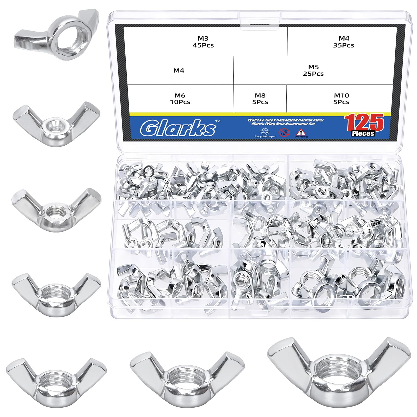 Glarks 125pcs M3/M4/M5/M6/M8/M10 White Zinc Wing Nuts Assortment Kit, Carbon Steel Butterfly Nuts, Hand Twist Tighten Hardware Nut, Wingnuts Fasteners Parts for Machinery, Manufacture