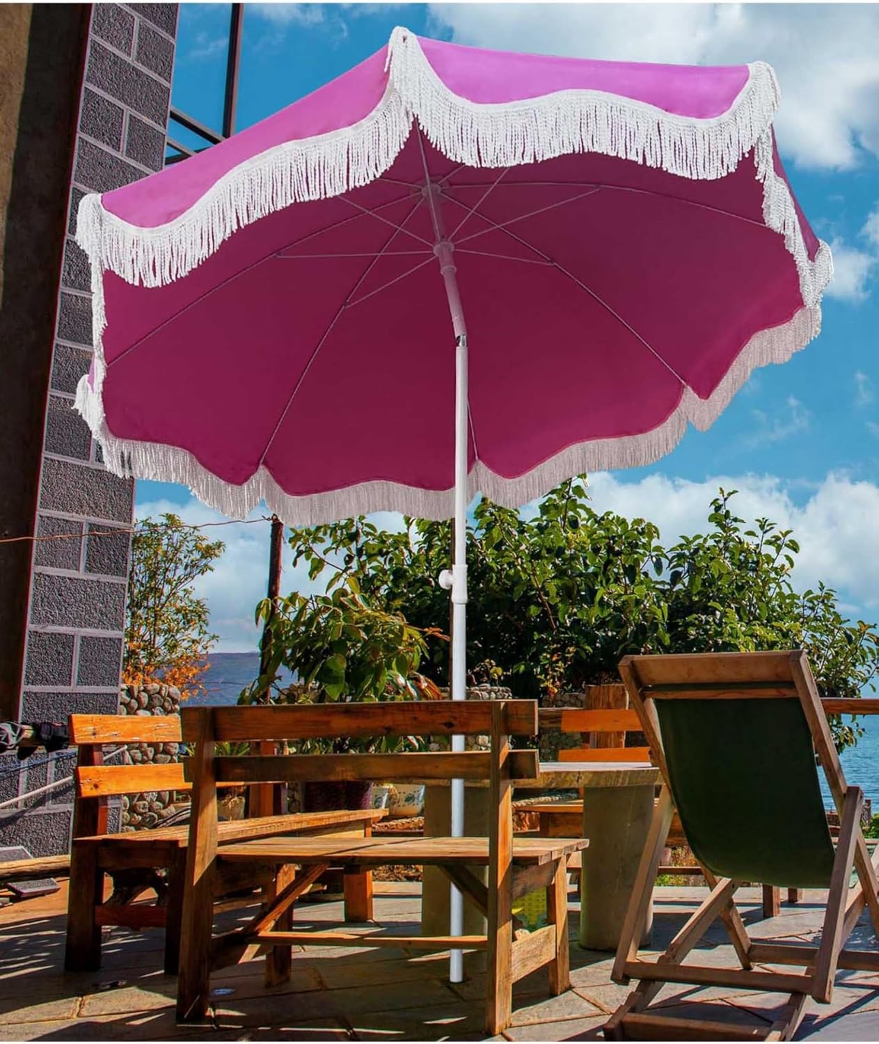 Beach Boho Umbrella With Fringe 6.5ft Pink Patio Umbrella For Outside Market Table Umbrella Wedding Umbrellas For Sun UPF50+ With Tassel Portable Carry Bag 8 Ribs Adjustable Heights Tilt Waterproof