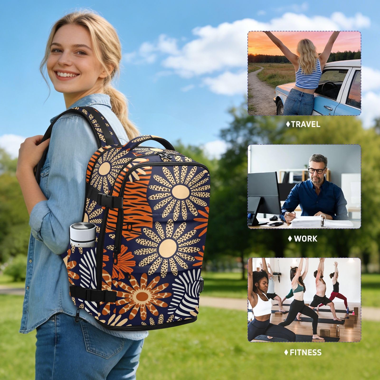 Duży plecak torba na laptopa 15,6 cala dla mężczyzn do pracy 20 l | Wodoodporna lekka męska torba na laptopa kwiatowy boho kwiaty urocze zwierzęta lampart 15,6 torba na laptopa do samolotów