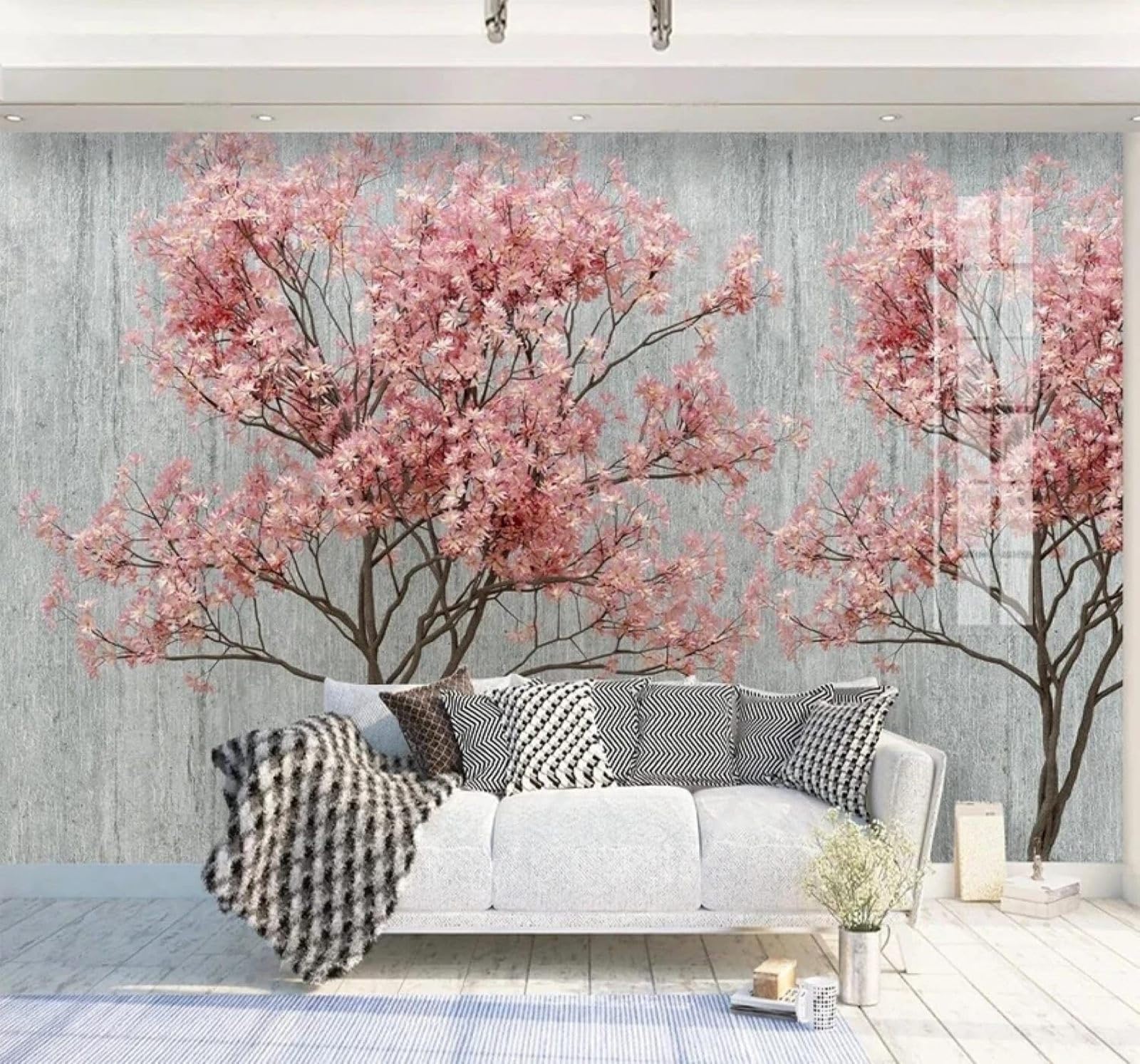 Tzxztt Romantic Beautiful Pink Flowers Trees Modern 3D Wallpaper Premium Textured Silk Neutral Tones Material Ideal for Living Room Bedroom-430cm×300cm