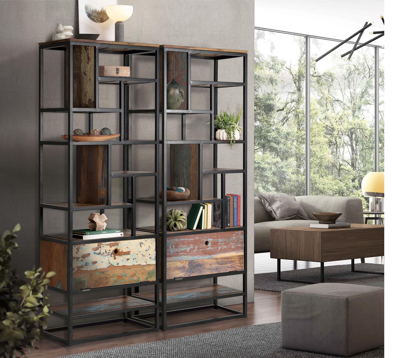 GC GINER & COLOMER Librería Industrial - Fabricada con Madera Reciclada y Metal - Estantería de Diseño Abierto y Puerta Abatible - Pieza Expositiva - Multicolor - 212 x 80 x 40 cm