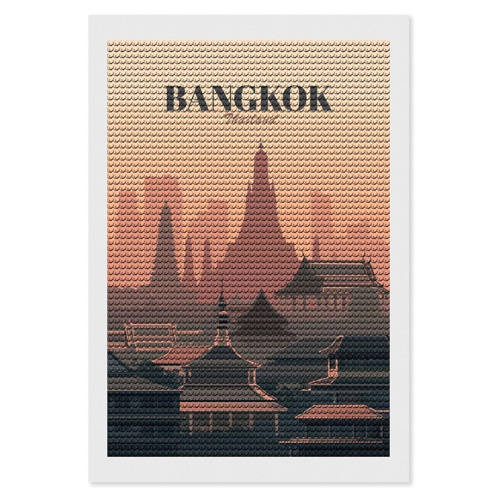 Junmoney Bangkok Thailand Skyline Illustration Round Drill Diamond Painting 8"x12", Satisfying Creative Project, Complete Accessories, Printed Canvas