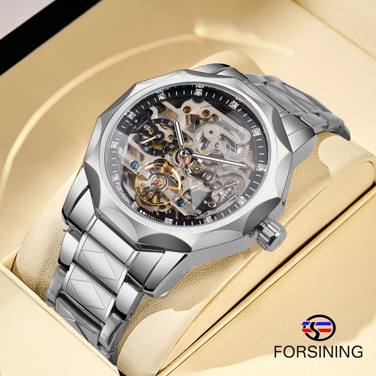 FORSINING Herren Skelett Automatik Tourbillon Uhr Selbstaufzug Hohl Mechanische Uhr Tourbillion Rhombus Edelstahl Armbanduhr Gold oder Schwarz