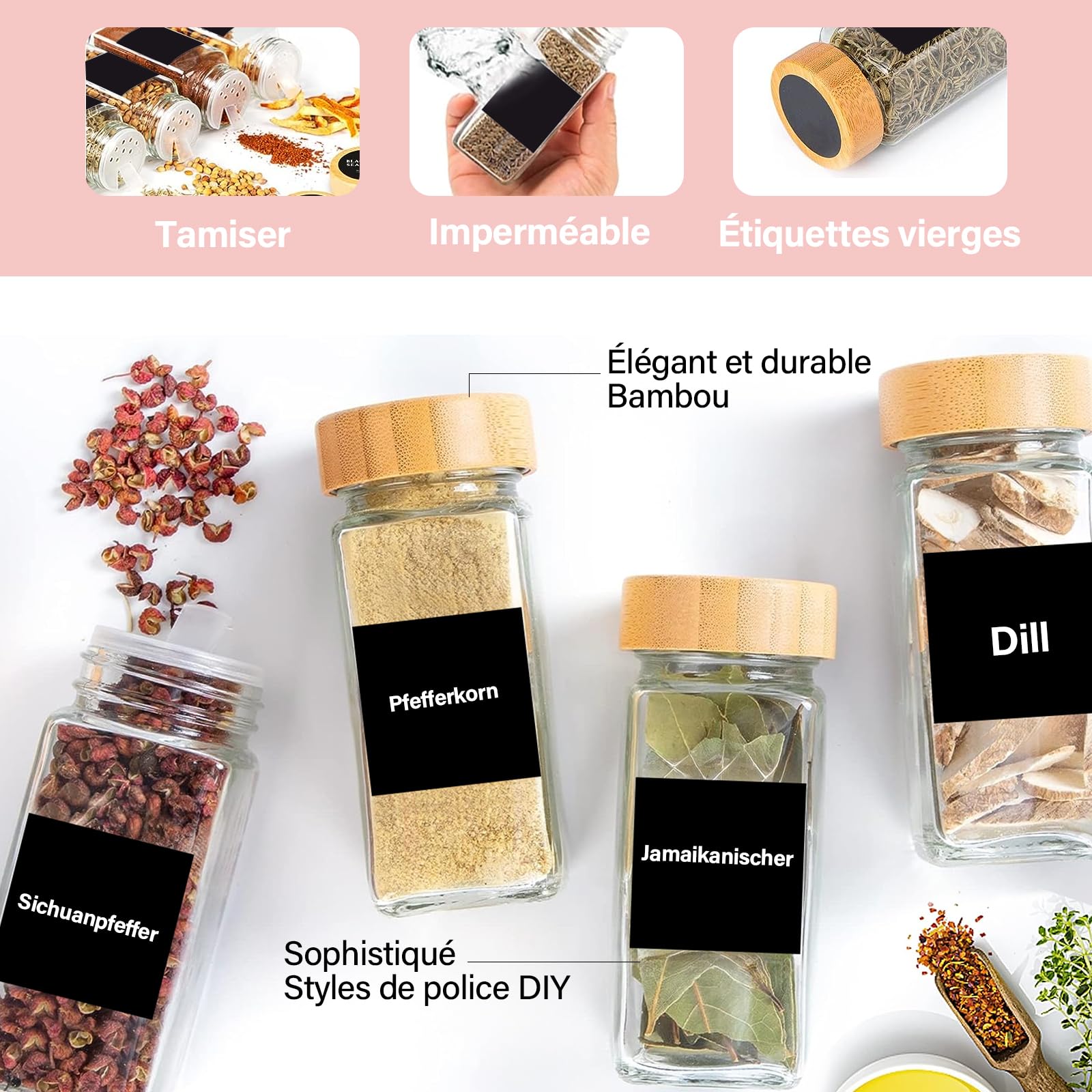 24 Pièces Pot a Epices en Verre et Bois,120 ml Bocaux à Épices,Pots à Épices Cuisine,Pot Epices Verre avec Tamis Étiquettes Brosser Entonnoir,Bocaux Epices pour Rangement des Épices Cuisine
