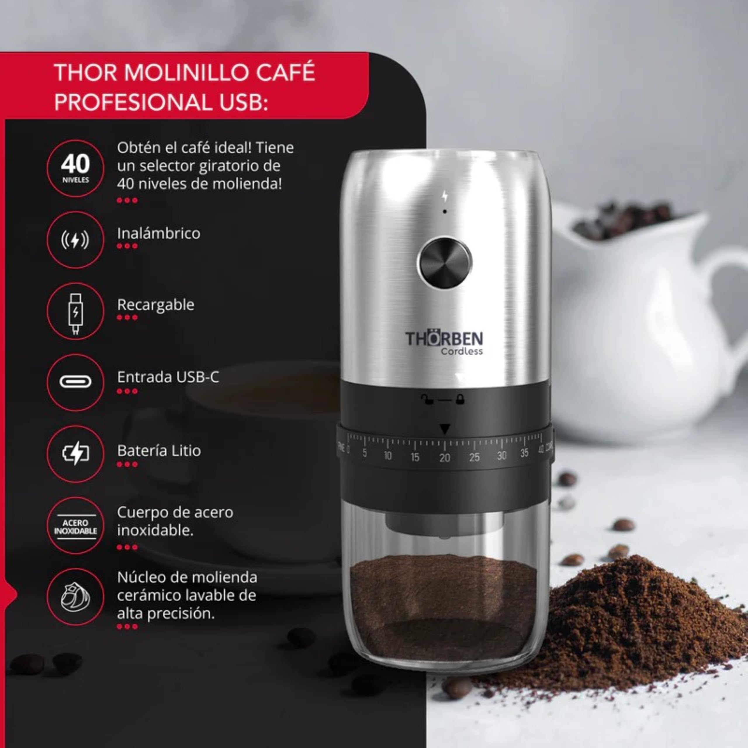 Thörben Moulin à café électrique professionnel, rechargeable USB-C, acier inoxydable, 40 niveaux de broyage, meules en céramique, 30 g de capacité, 10 W, portable, pour maison et bureau