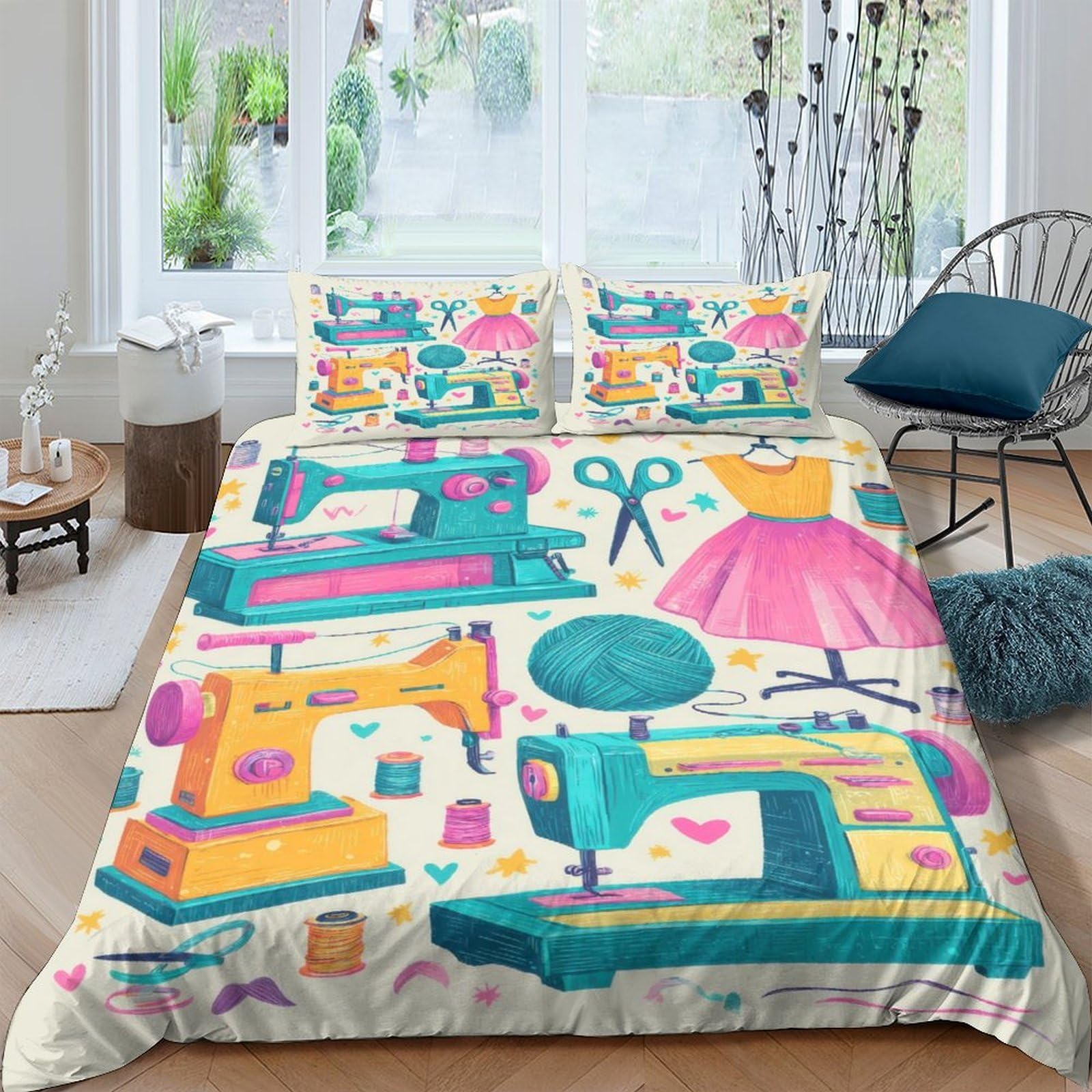 Ctjqhvkz Style-4 3D Printed Sewing Machine Fitted Sheet Microfiber Colorful Dress Pattern Mattress Cover For Bedroom Dorm Decor Single（135X200cm）
