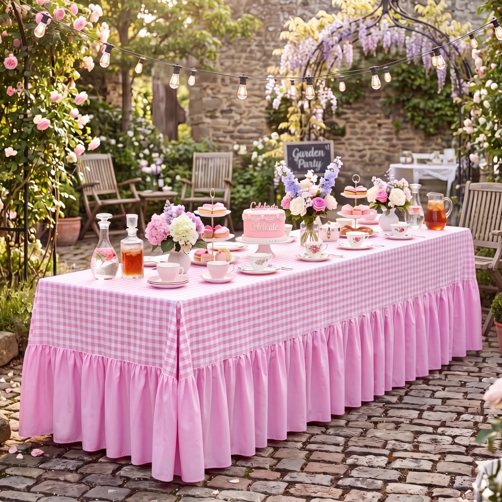 Photo 1 of Chicplaid Tablecloth with Ruffle Skirt, Gingham, Pink
