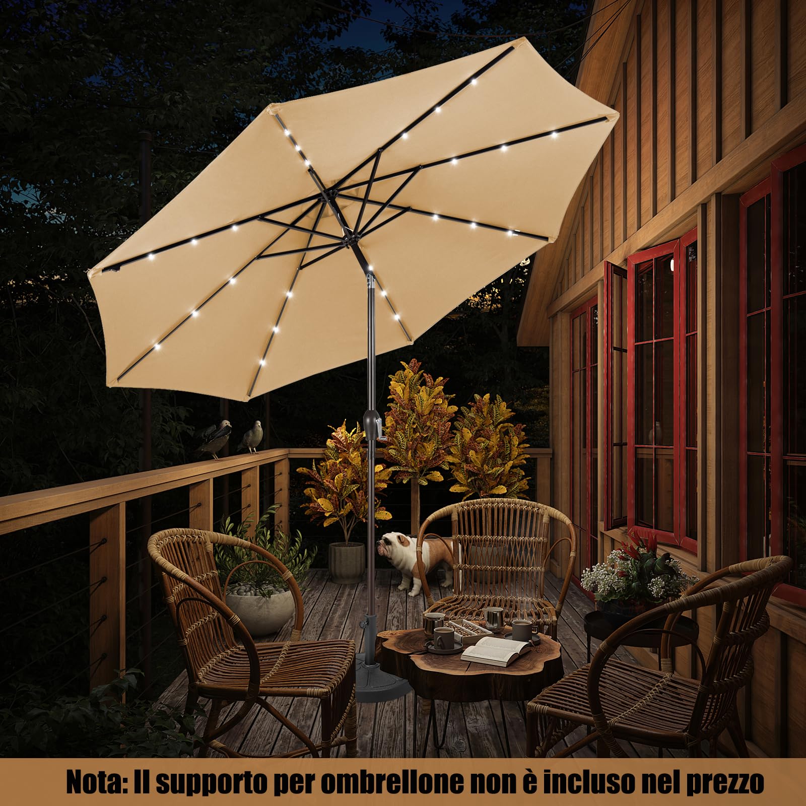 COSTWAY Ombrellone da Giardino da 300 cm, Parasole per Esterno con 24 Luci LED, con 8 Stecche in Metallo, Manovella e Inclinazione Regolabile, per Giardino, Coltile, Piscina (Beige)