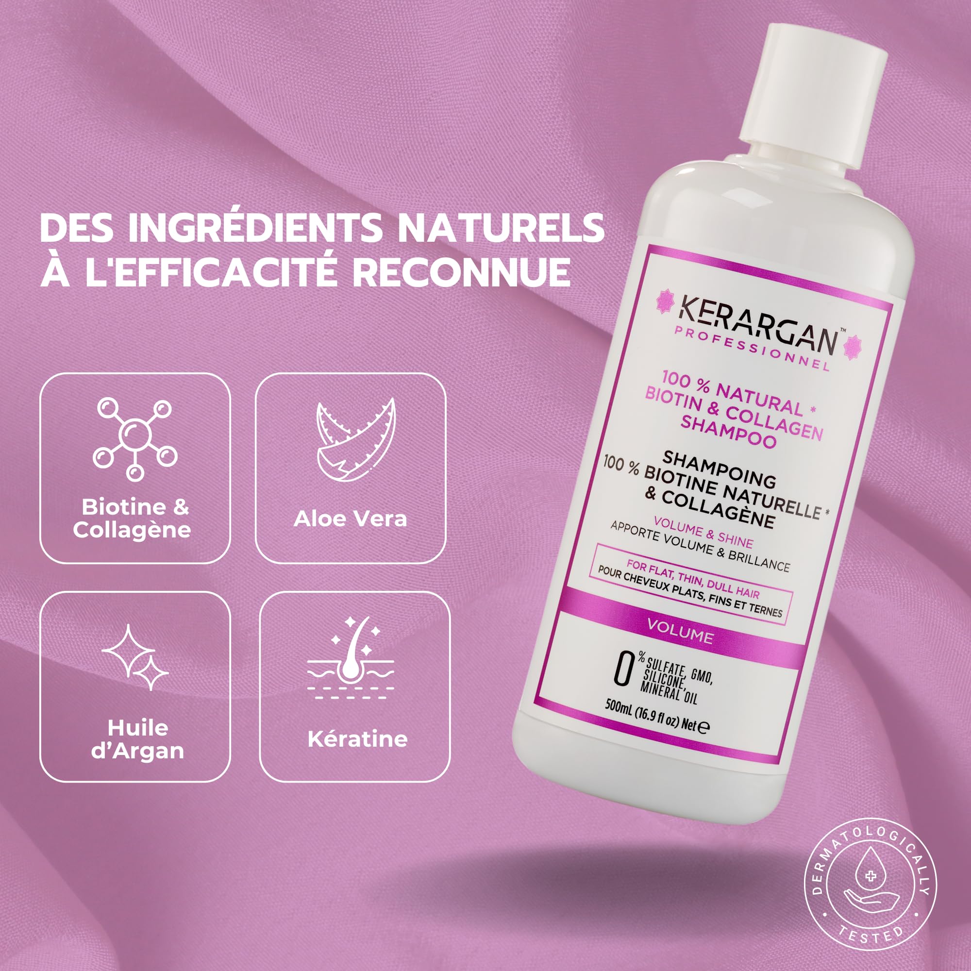 Kerargan - Shampoing Volumisant à la Biotine & Collagène - Pour Cheveux Plats, Fins, Ternes - Fortifiant, Brillant, Hydratant - Sans Sulfate, OGM, Silicone, Huile Minérale - 500ml